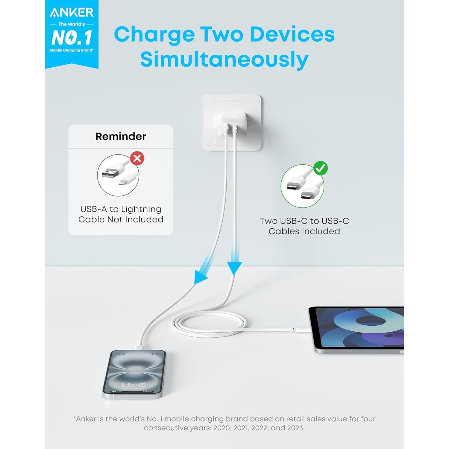 Cargador Anker 20W USB-C Rápido 2-Pack Blanco