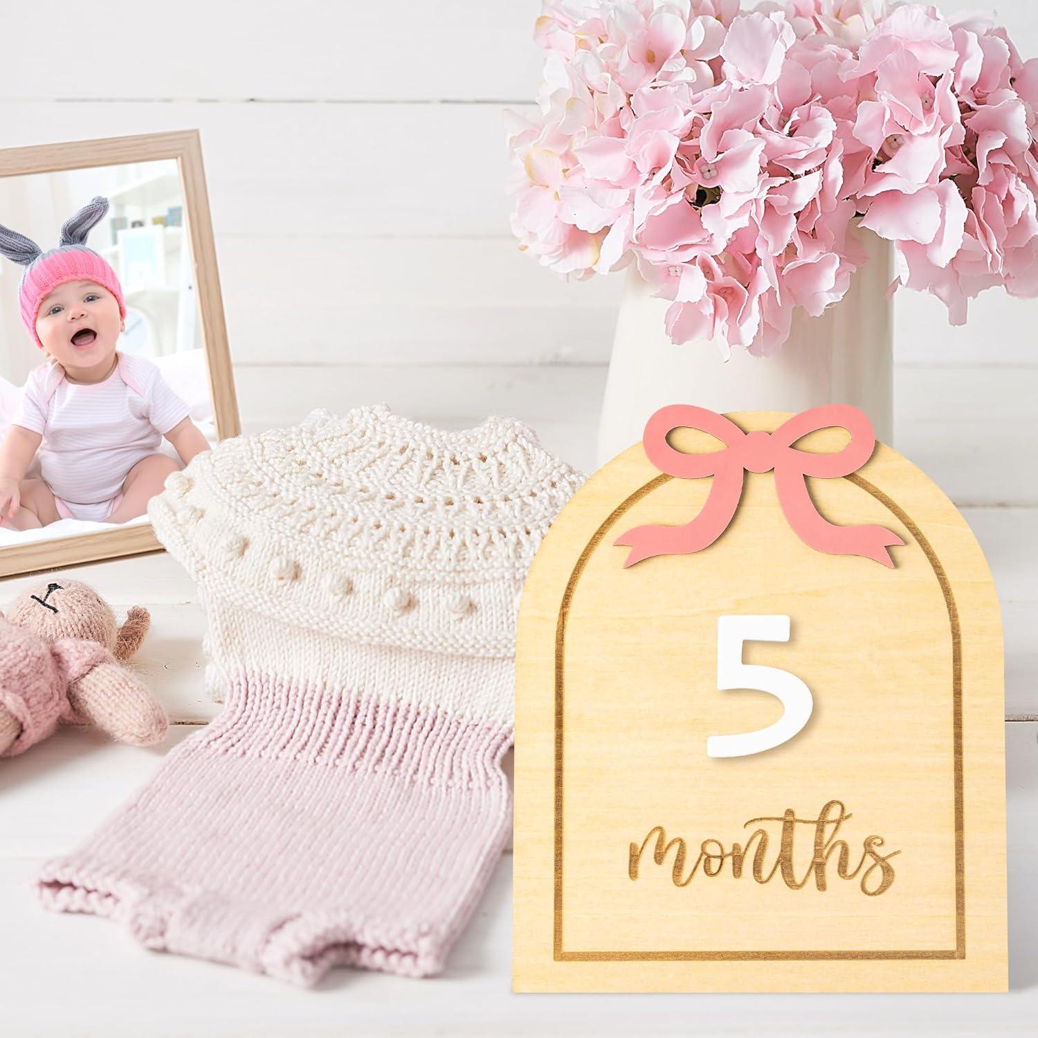 Tarjetas de Hito Mensuales para Bebés R CABALLO Lazo Rosa 3D