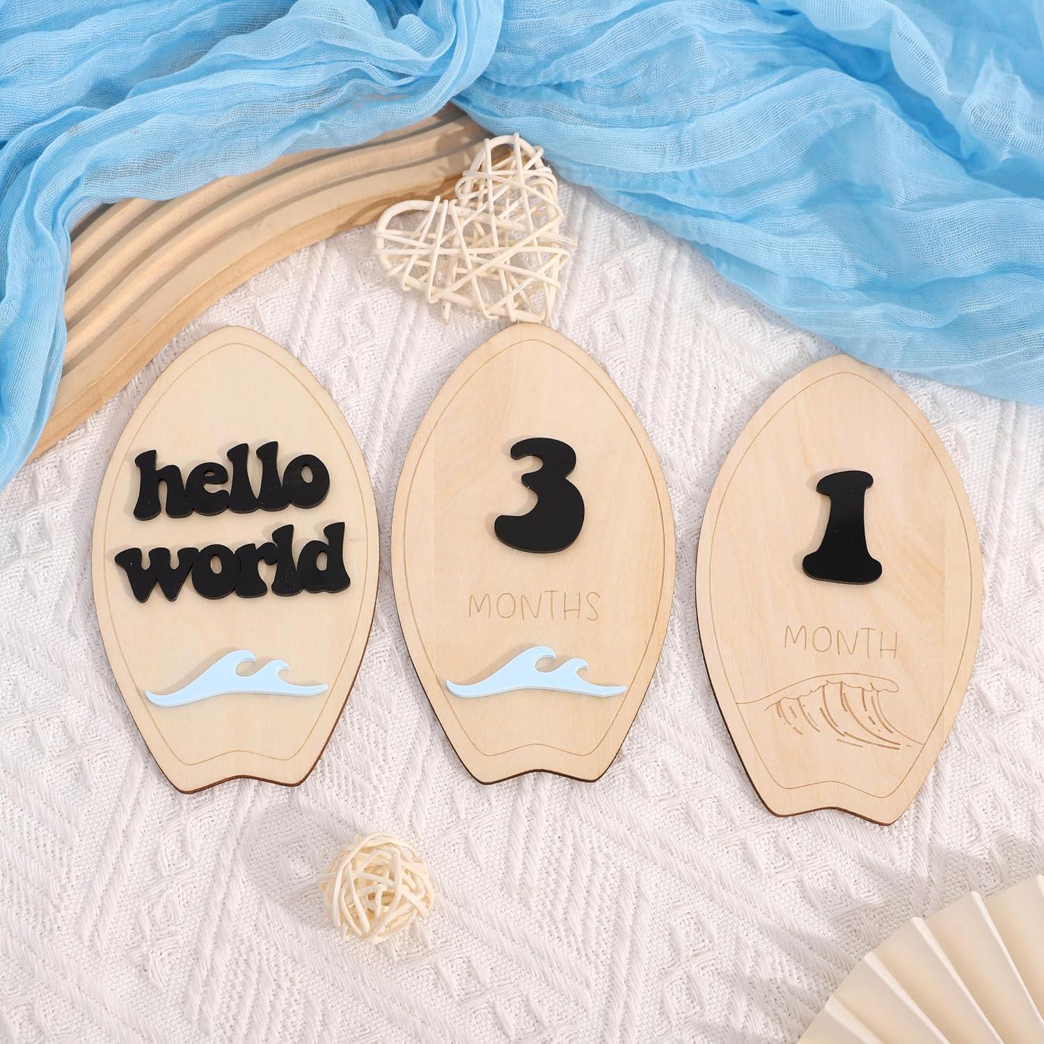Tarjetas de Hitos Mensuales de Madera para Bebés - Surf