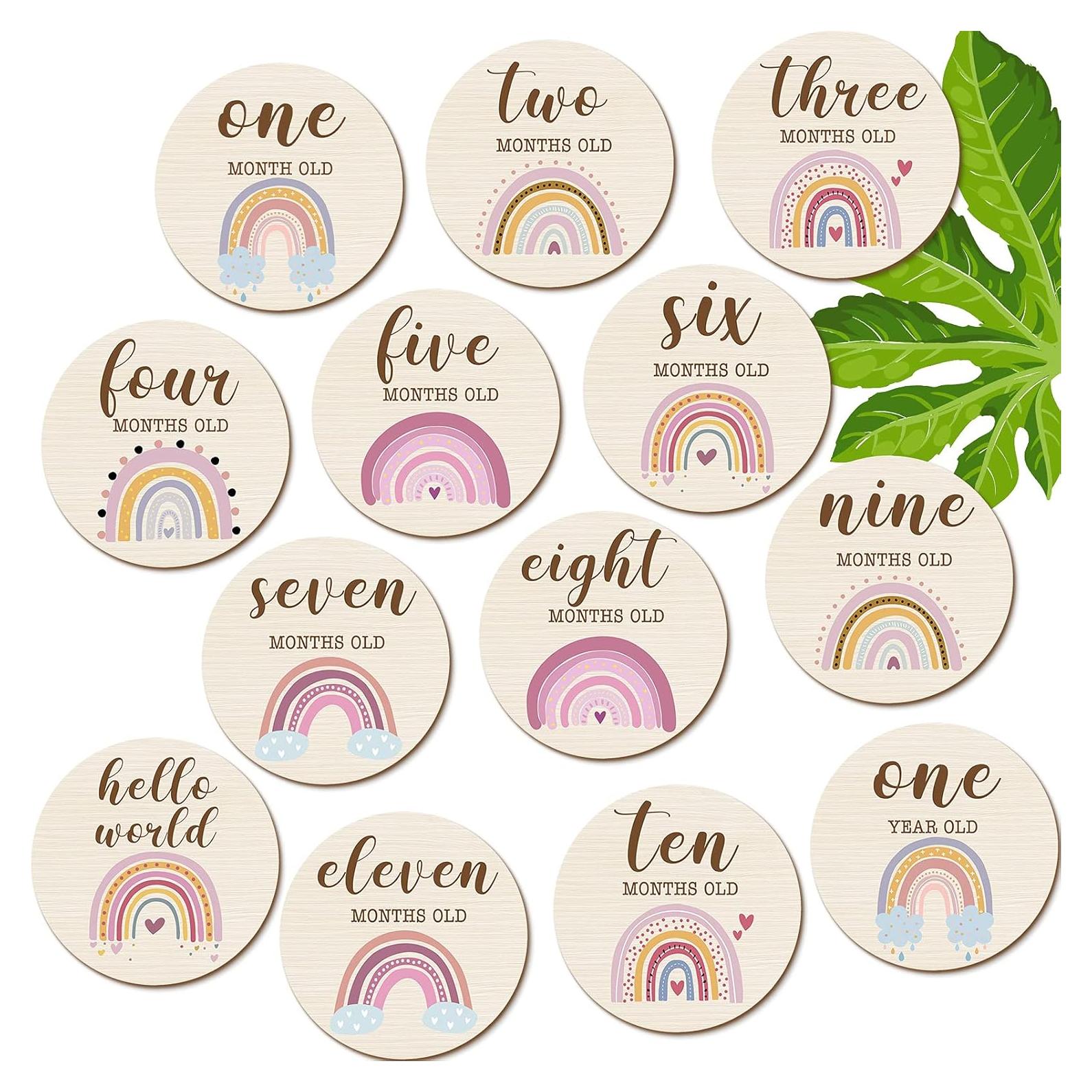 13 Tarjetas de Hito Mensual de Madera Boho Arcoíris 10 cm