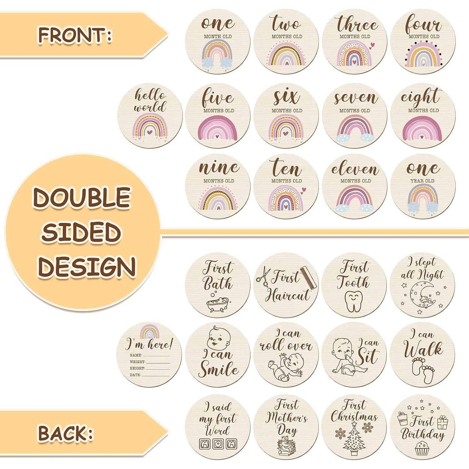 13 Tarjetas de Hito Mensual de Madera Boho Arcoíris 10 cm