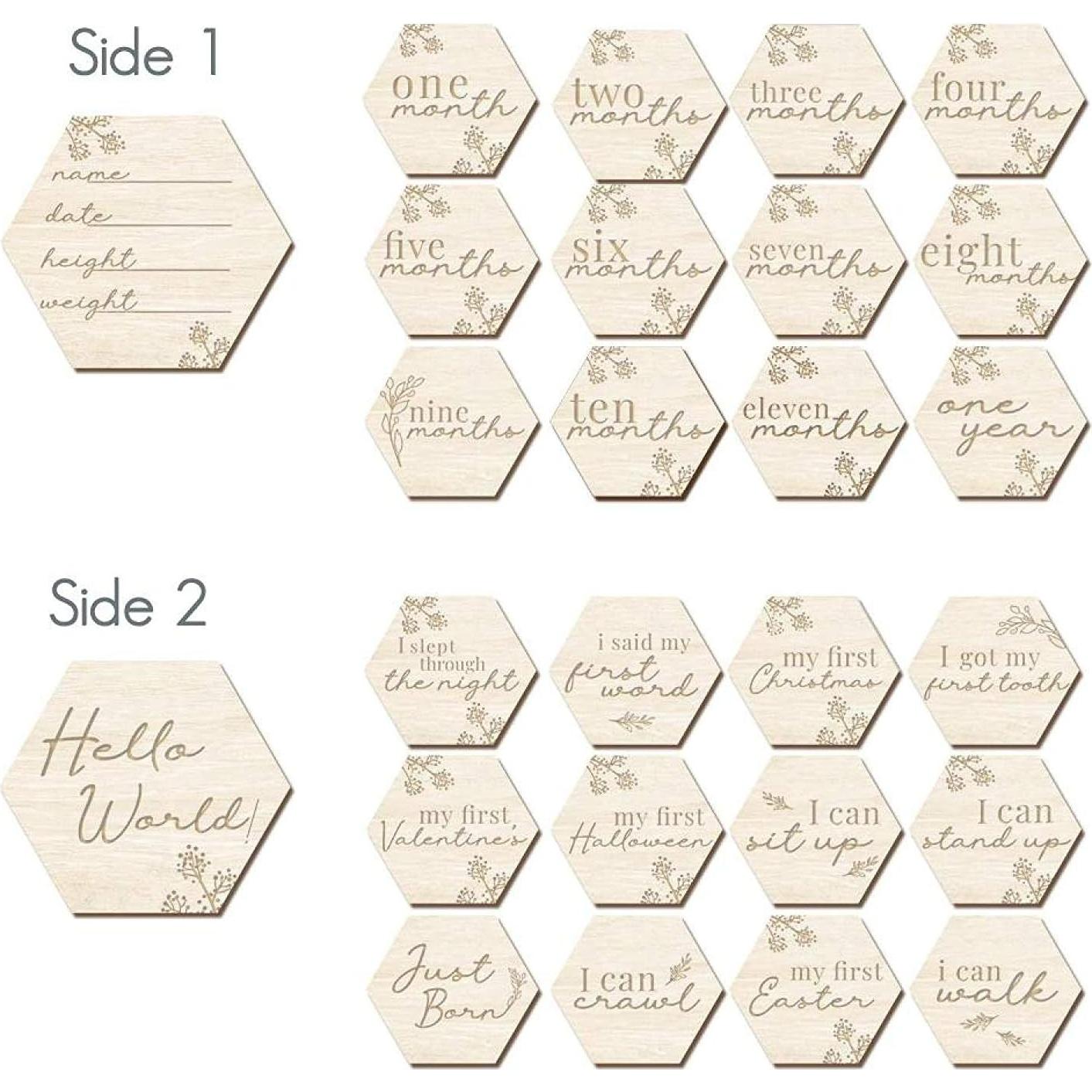 Tarjetas Mensuales de Bebé de Madera Floral - 24 Frases + Tarjeta Personalizable