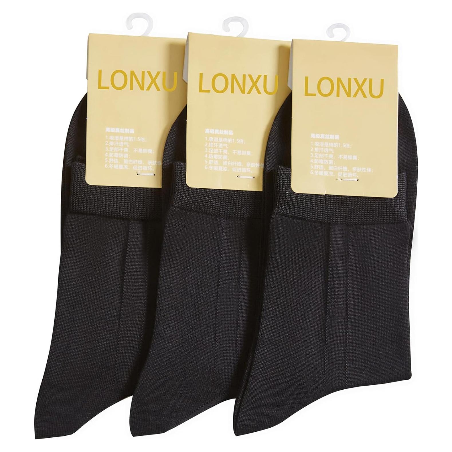 Calcetines de seda para hombres Lonxu - 3 pares negros transpirables