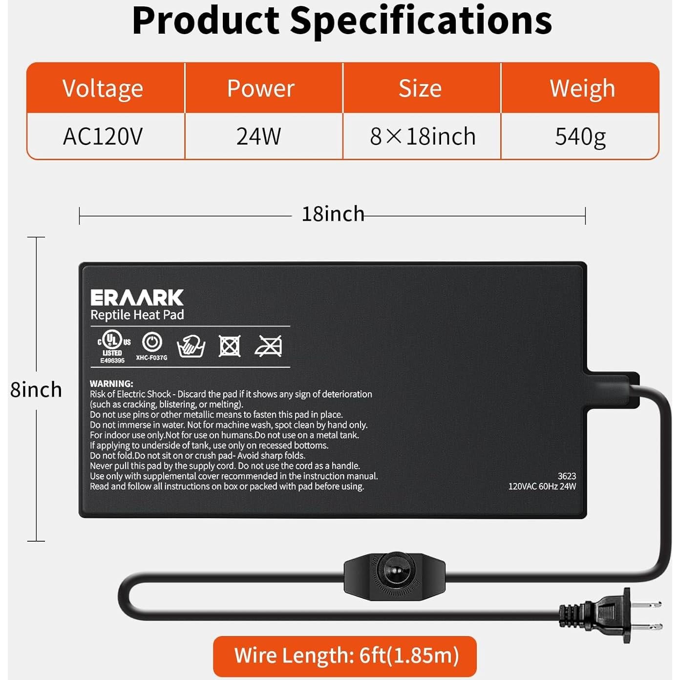 Almohadilla de Calentamiento para Reptiles ERAARK 20x45 cm Ajustable