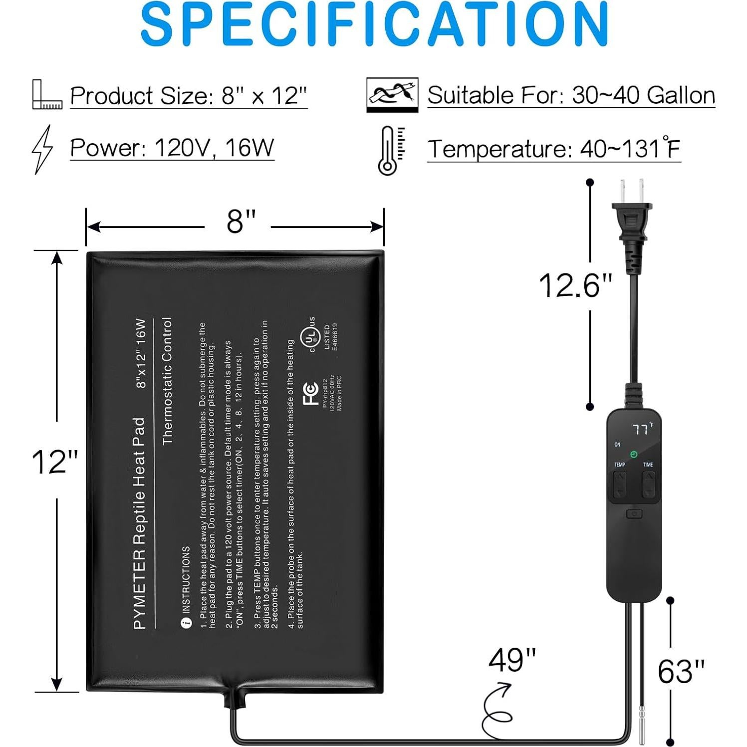 Almohadilla de Calentamiento para Reptiles Pymeter 20x30 cm con Termostato PID