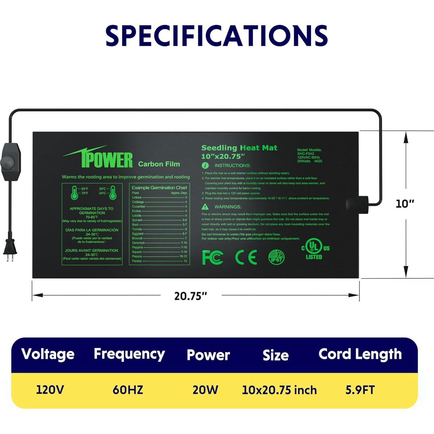 Estera de Calentamiento iPower 25.4x52.7cm Ajustable para Germinación