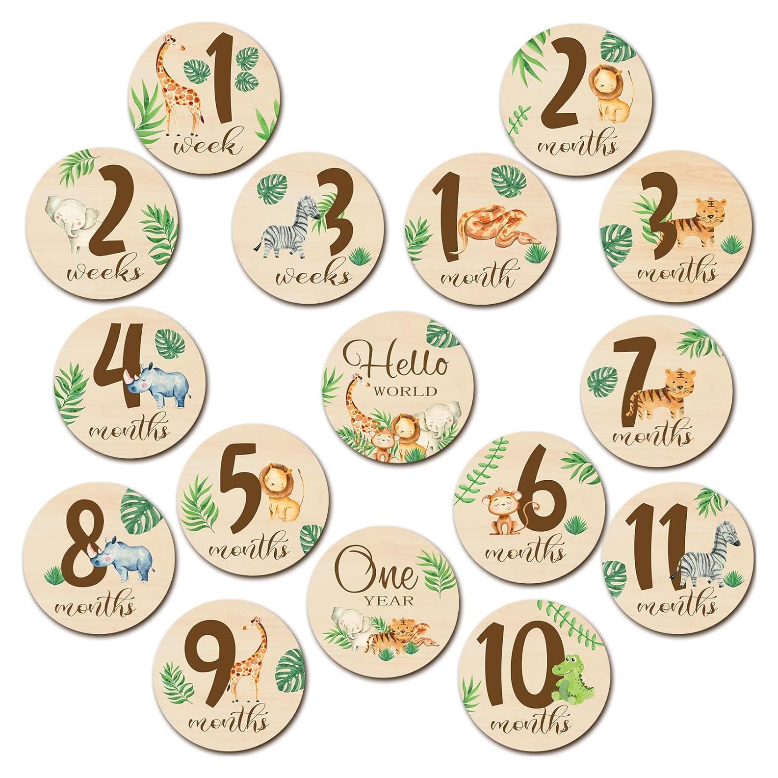 16 Tarjetas de Hitos Mensuales de Madera Tiamon - Animales de Selva