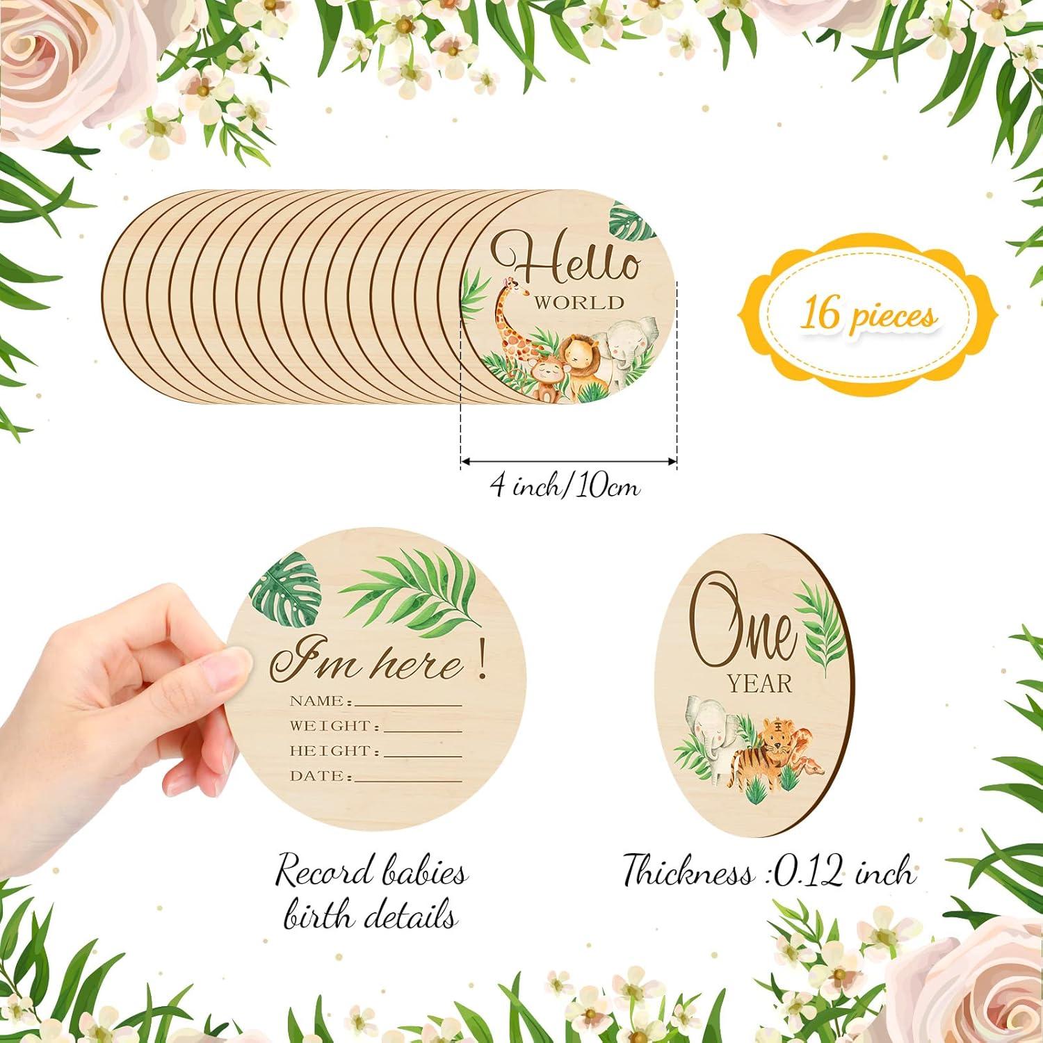 16 Tarjetas de Hitos Mensuales de Madera Tiamon - Animales de Selva