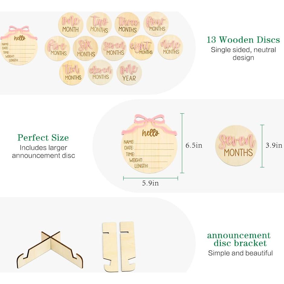 Tarjetas de Hito Mensual para Bebés 3D de Madera - 13 Discos