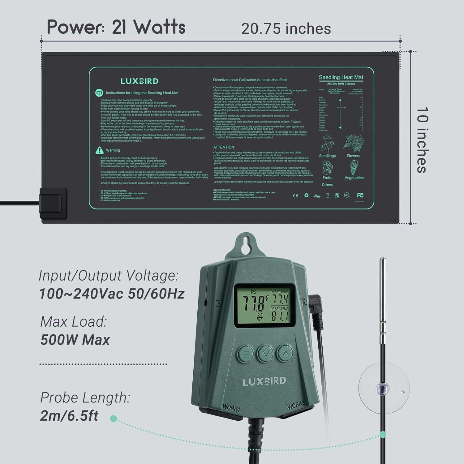 LUXBIRD Combo 2 Pack Alfombrilla Térmica 25.4x52.7cm y Termostato