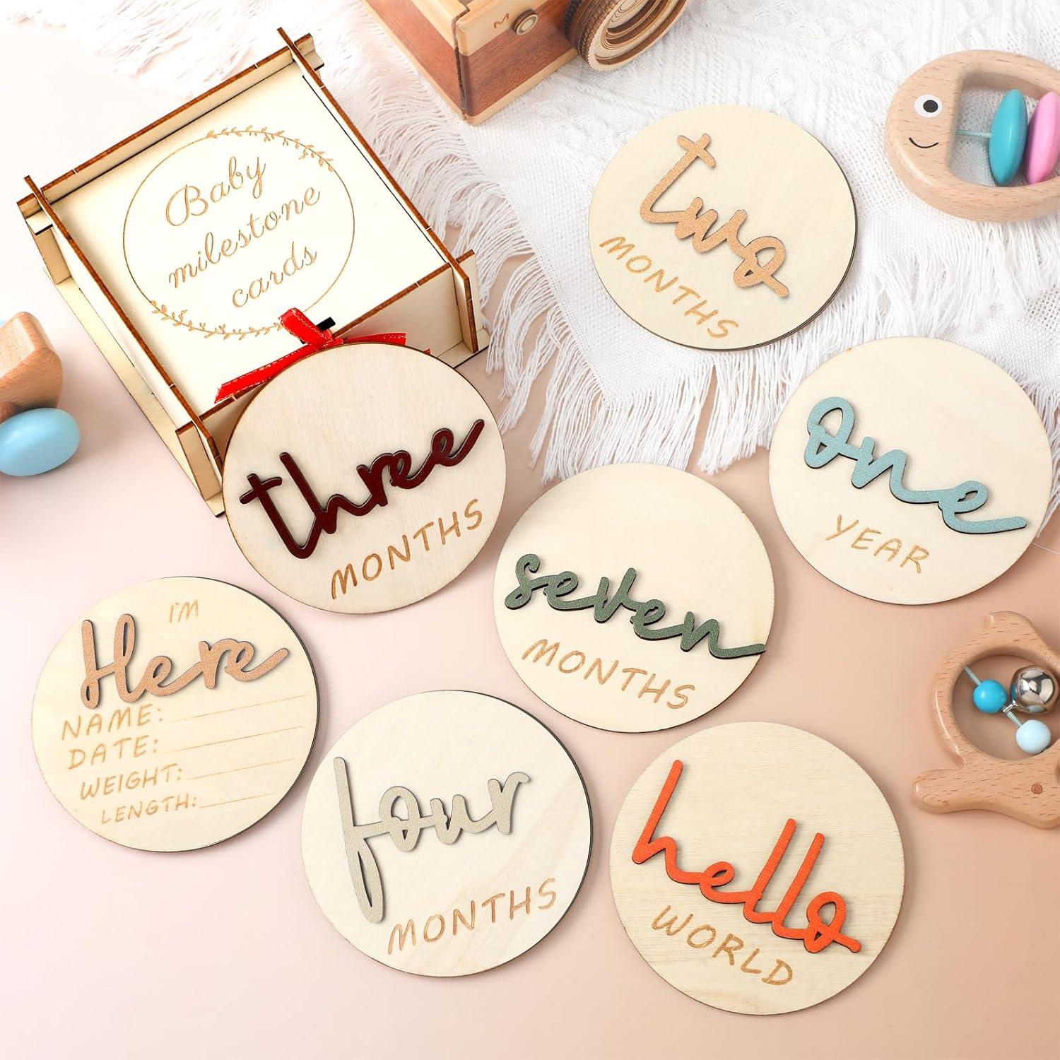 Tarjetas de Hito Mensual de Madera Morandi 7 Pcs para Bebé