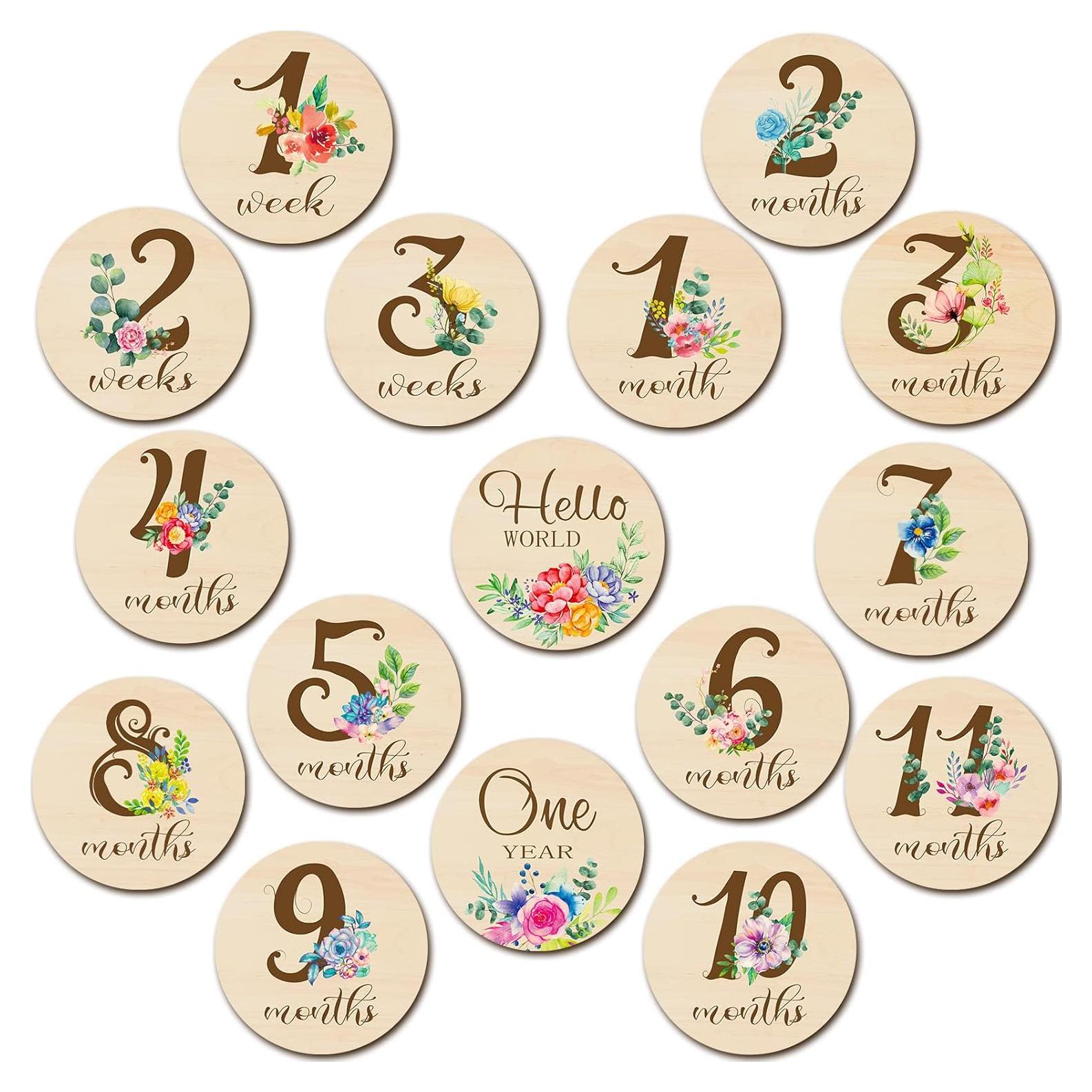 16 Tarjetas de Hitos Mensuales de Madera Tiamon para Bebés