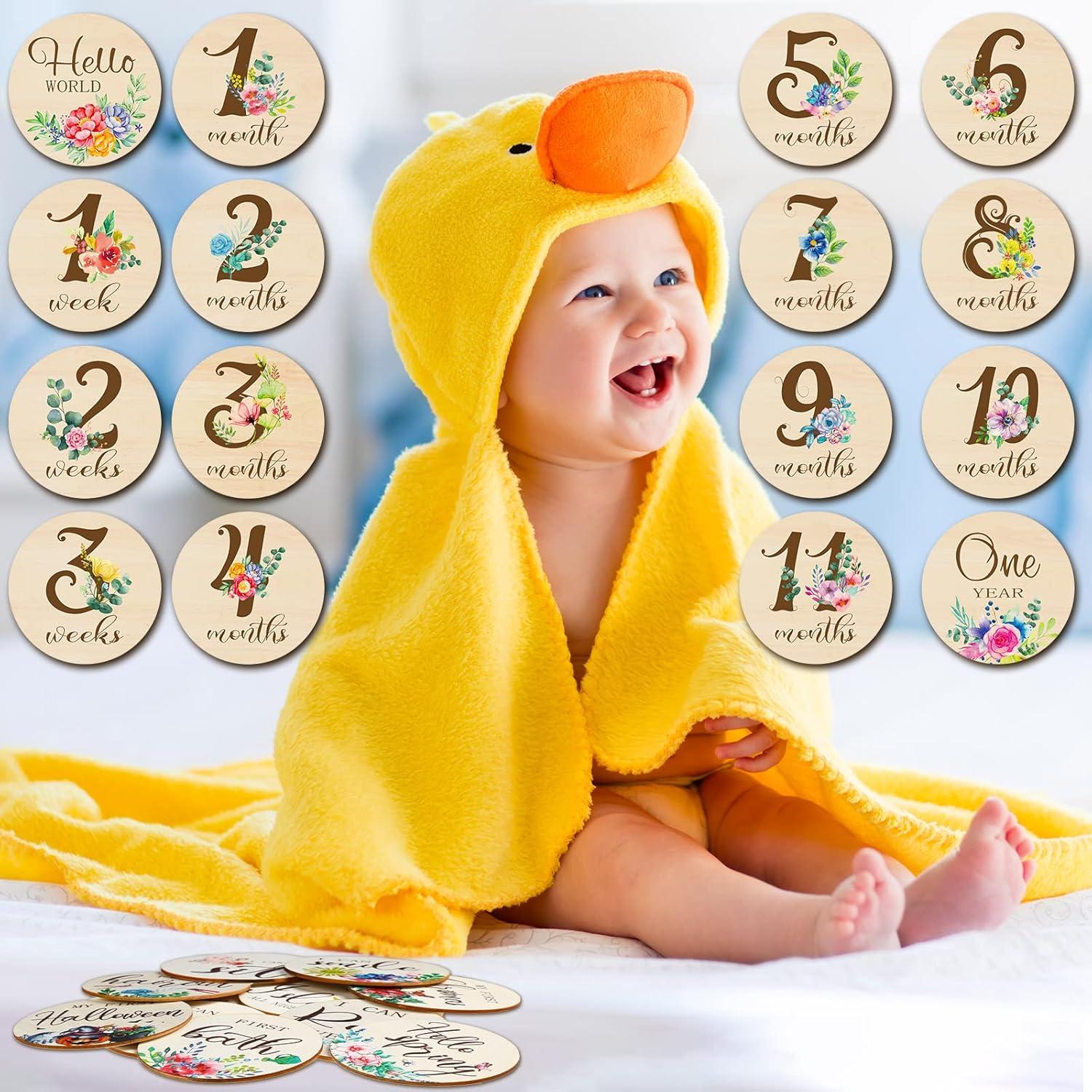 16 Tarjetas de Hitos Mensuales de Madera Tiamon para Bebés