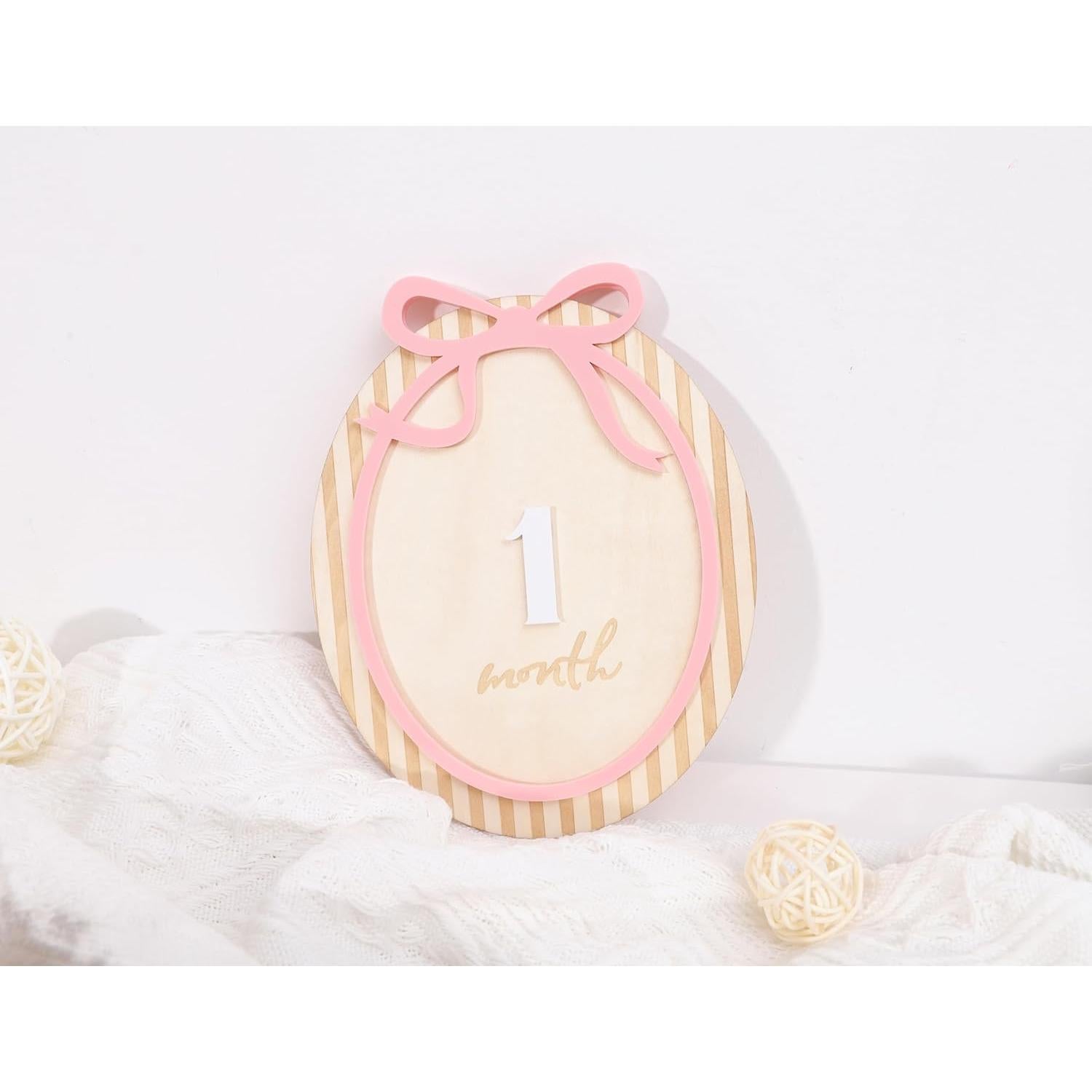 Tarjetas de Hitos Mensuales para Bebés LINLULU - Lazo Rosa de Madera