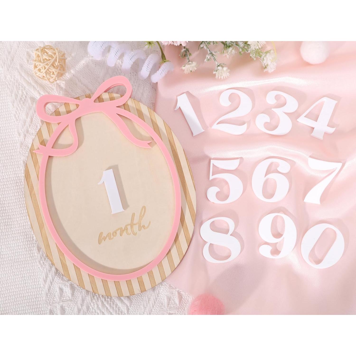 Tarjetas de Hitos Mensuales para Bebés LINLULU - Lazo Rosa de Madera