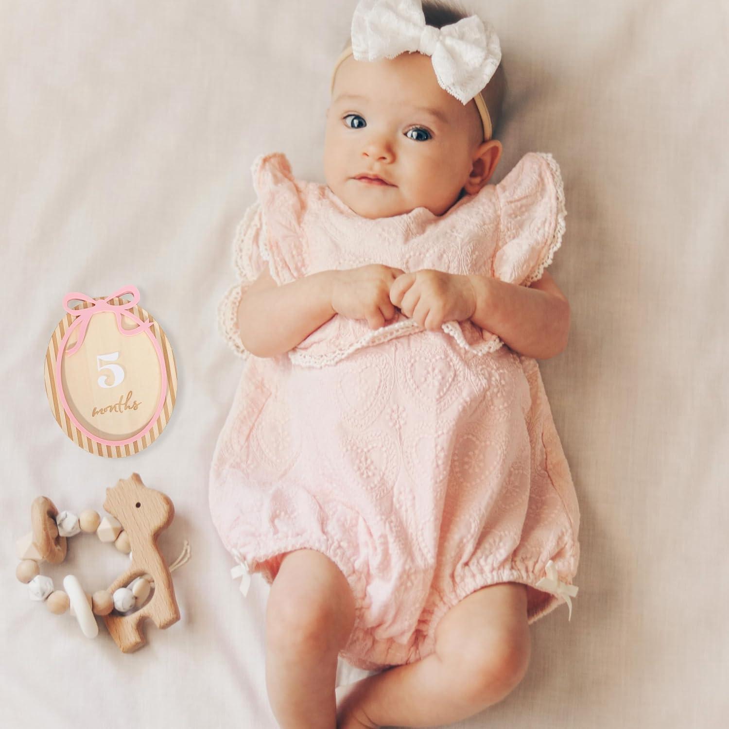 Tarjetas de Hitos Mensuales para Bebés LINLULU - Lazo Rosa de Madera