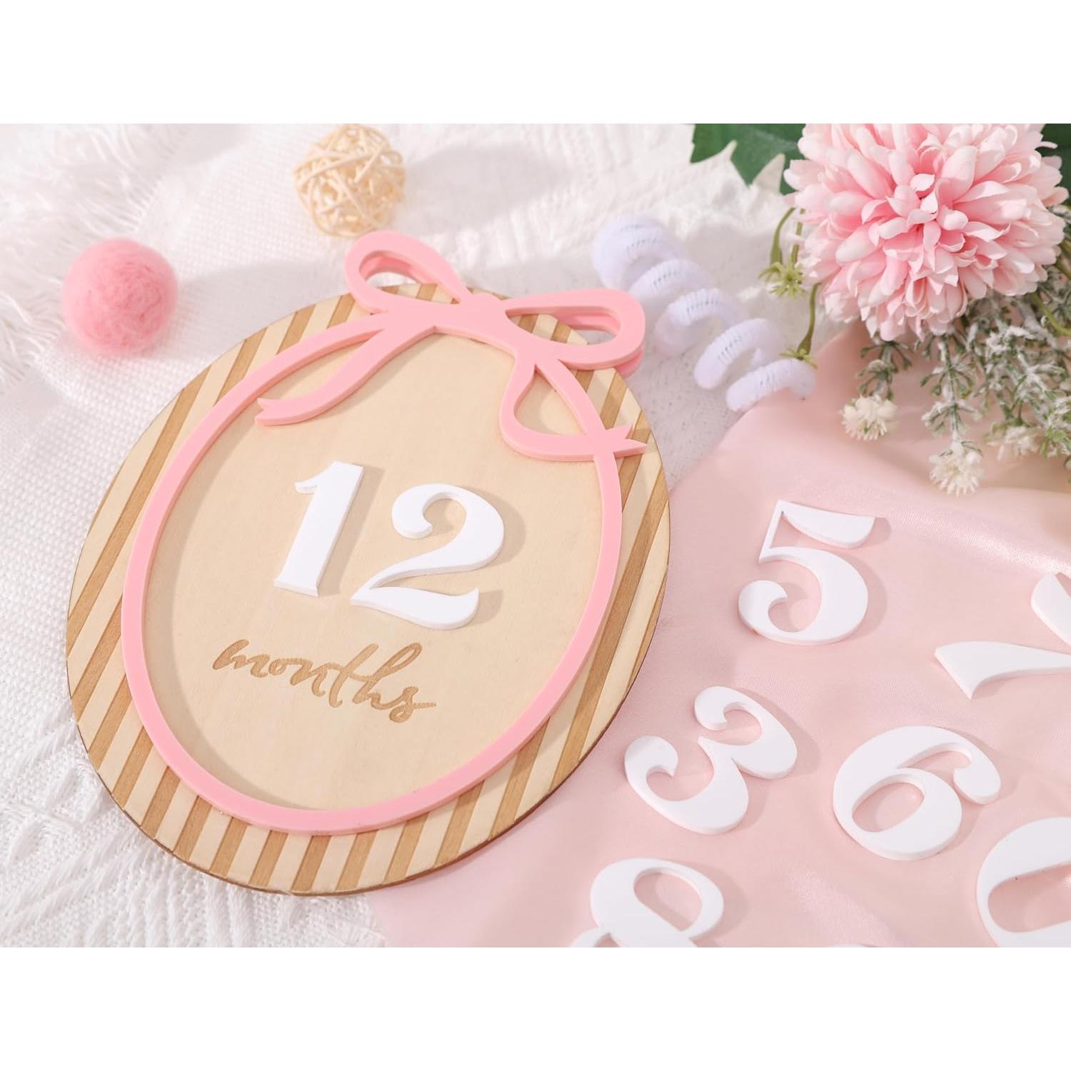 Tarjetas de Hitos Mensuales para Bebés LINLULU - Lazo Rosa de Madera