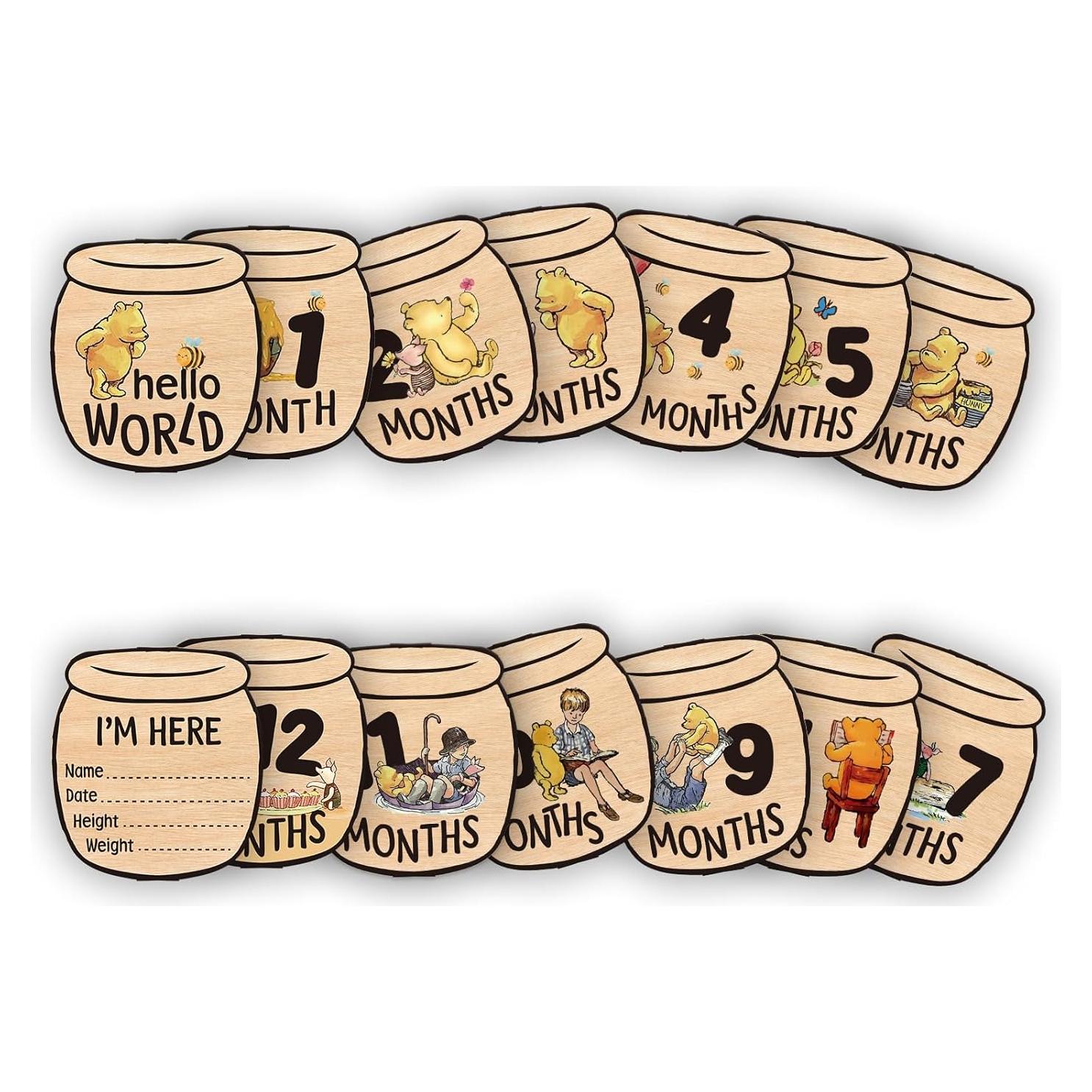 Tarjetas de Hito Mensual de Madera Oso - 12 Carteles Doble Cara