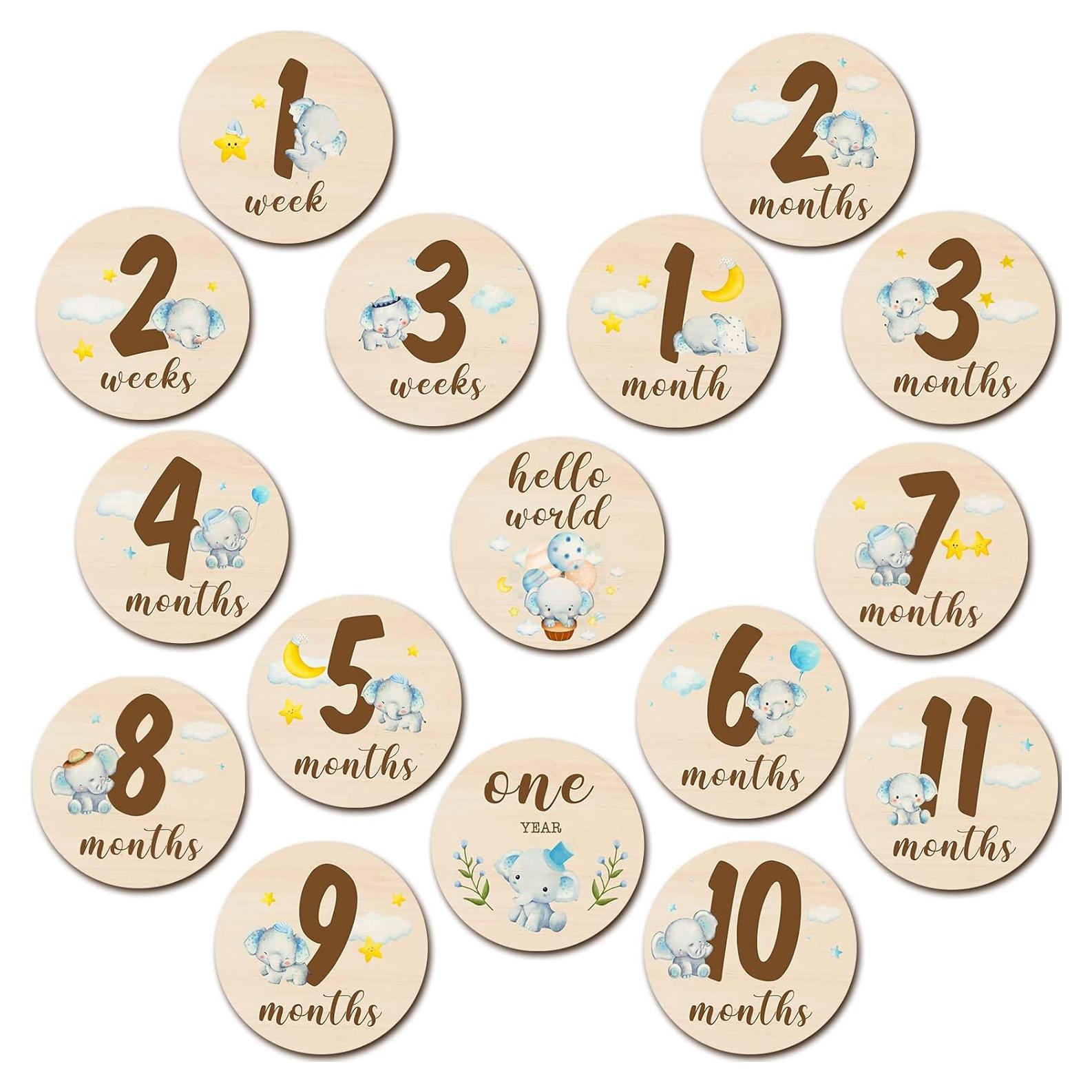16 Discos de Hitos Mensuales de Madera Tiamon Elefante Azul