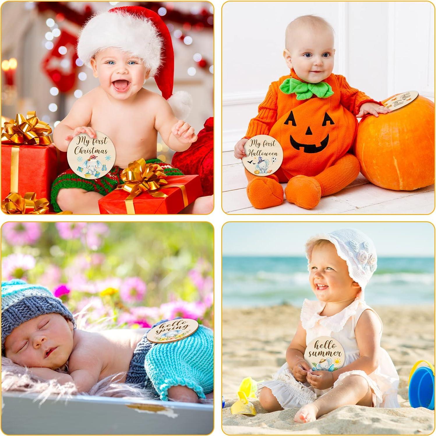 16 Discos de Hitos Mensuales de Madera Tiamon Elefante Azul