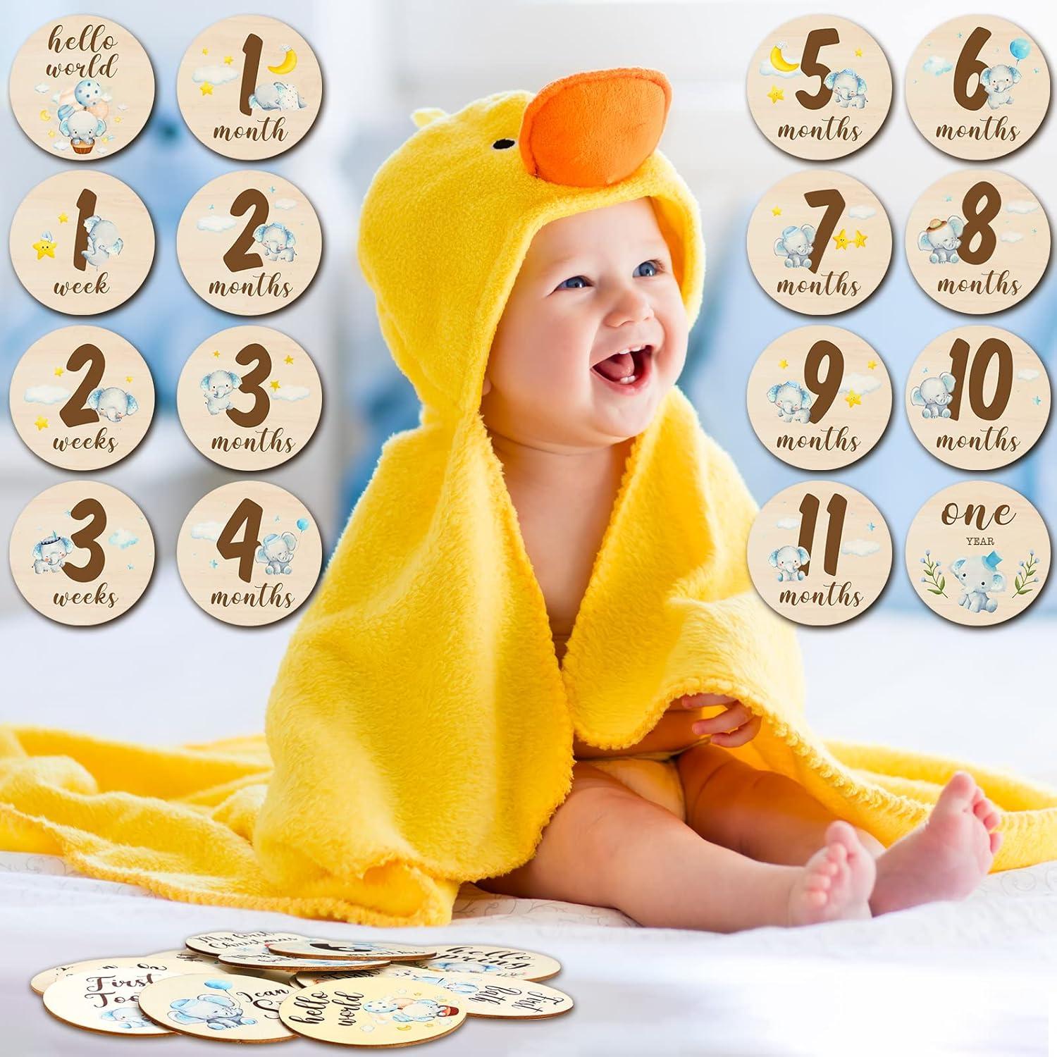 16 Discos de Hitos Mensuales de Madera Tiamon Elefante Azul