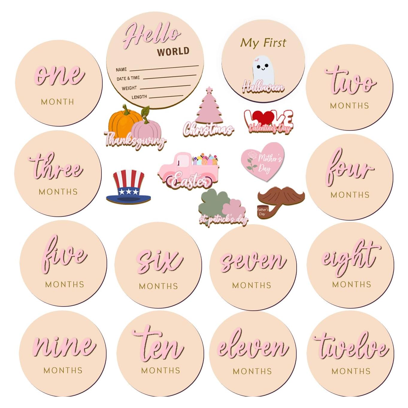 Discos Mensuales de Hitos para Bebés Rosa - Madera Ecológica