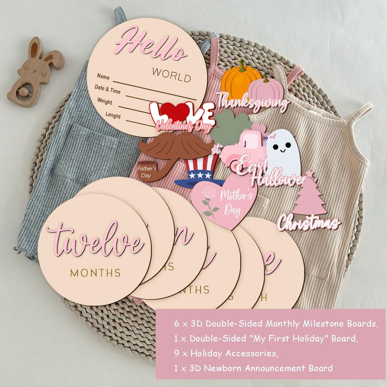 Discos Mensuales de Hitos para Bebés Rosa - Madera Ecológica