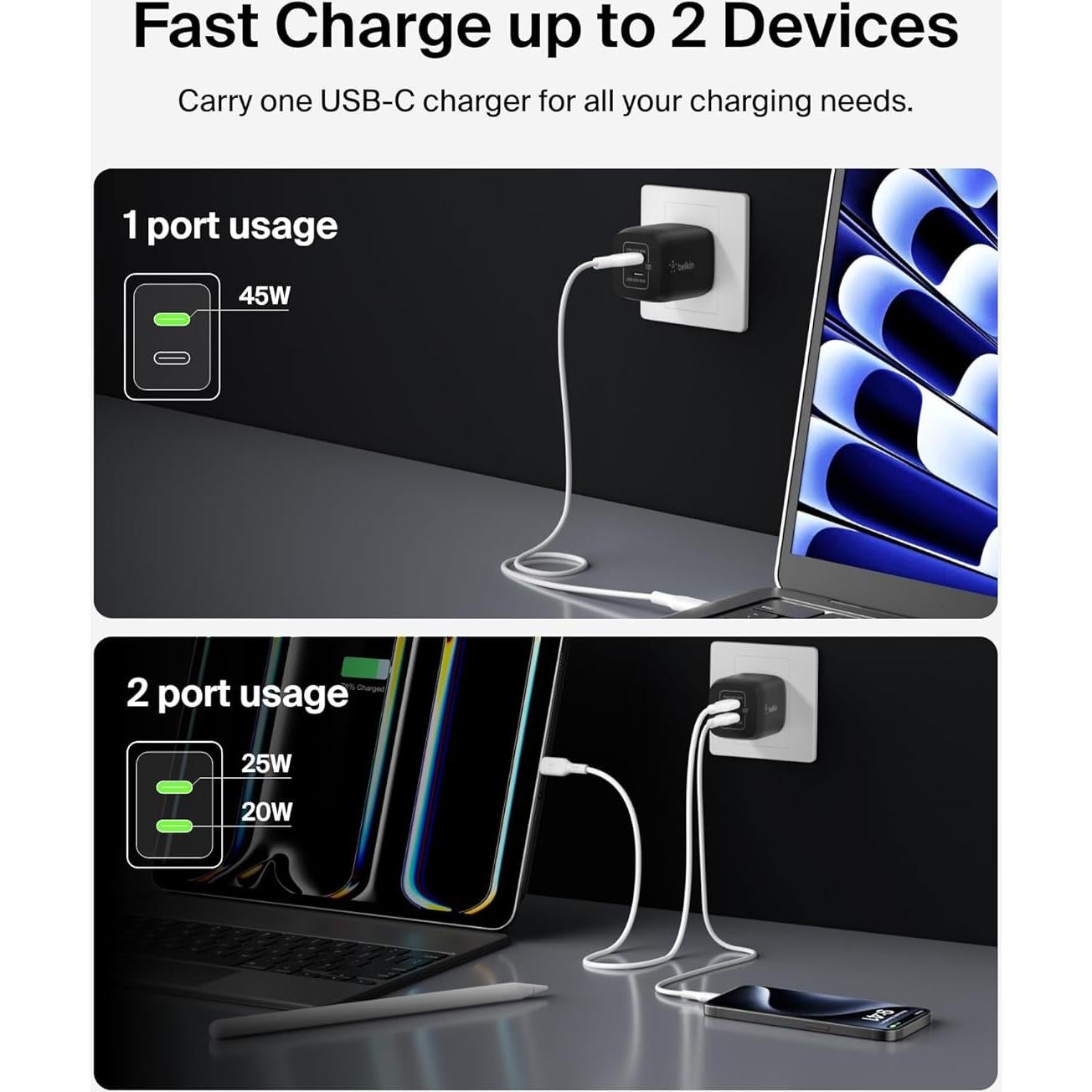 Cargador de pared Belkin 45W USB-C doble carga rápida