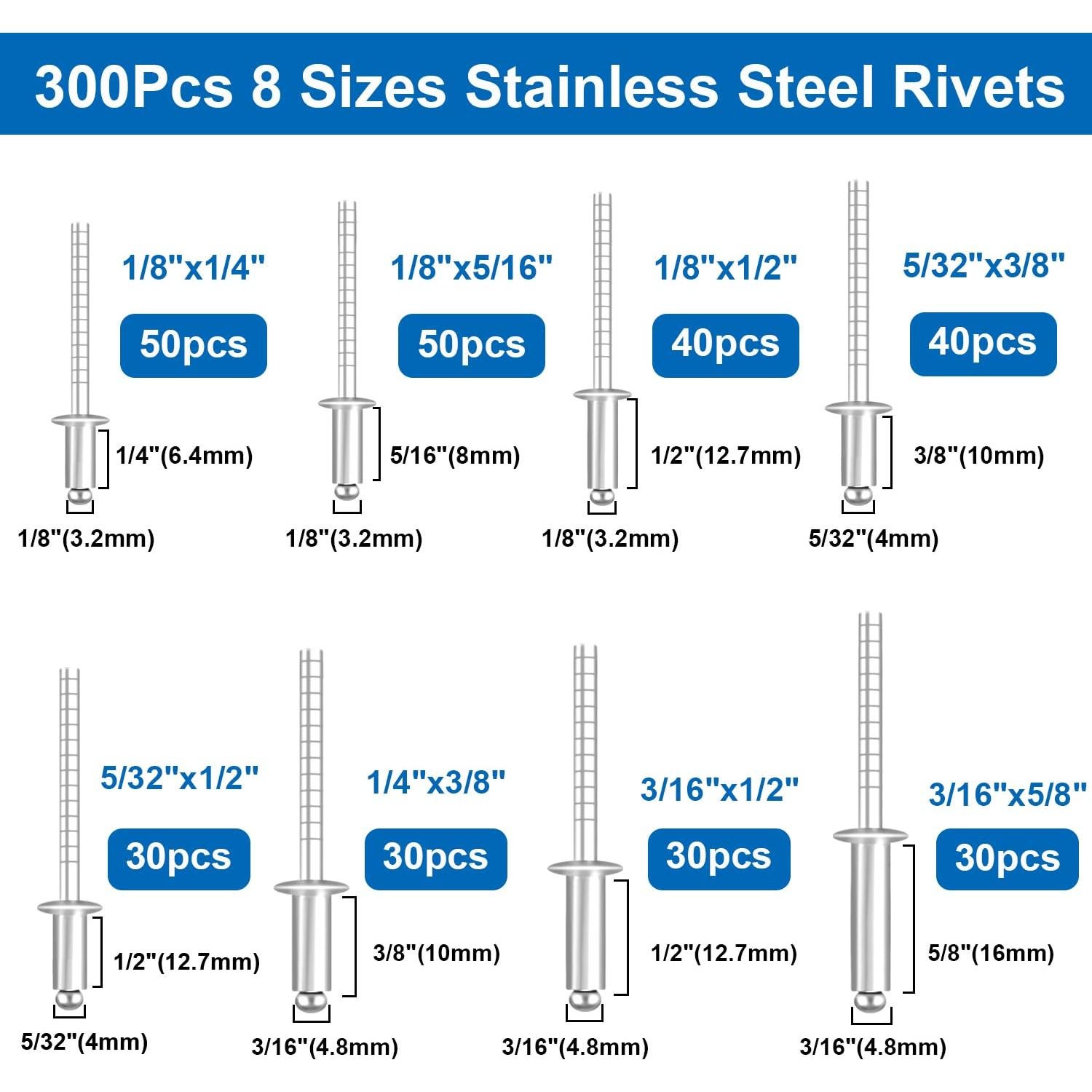 Kit de Remaches de Acero Inoxidable 600 Pcs smseace 9 Tamaños