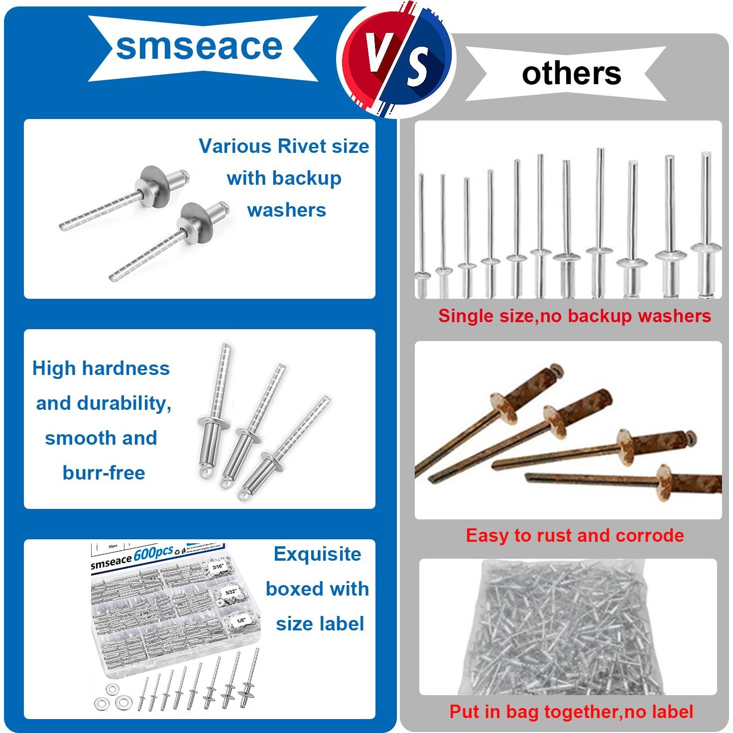 Kit de Remaches de Acero Inoxidable 600 Pcs smseace 9 Tamaños