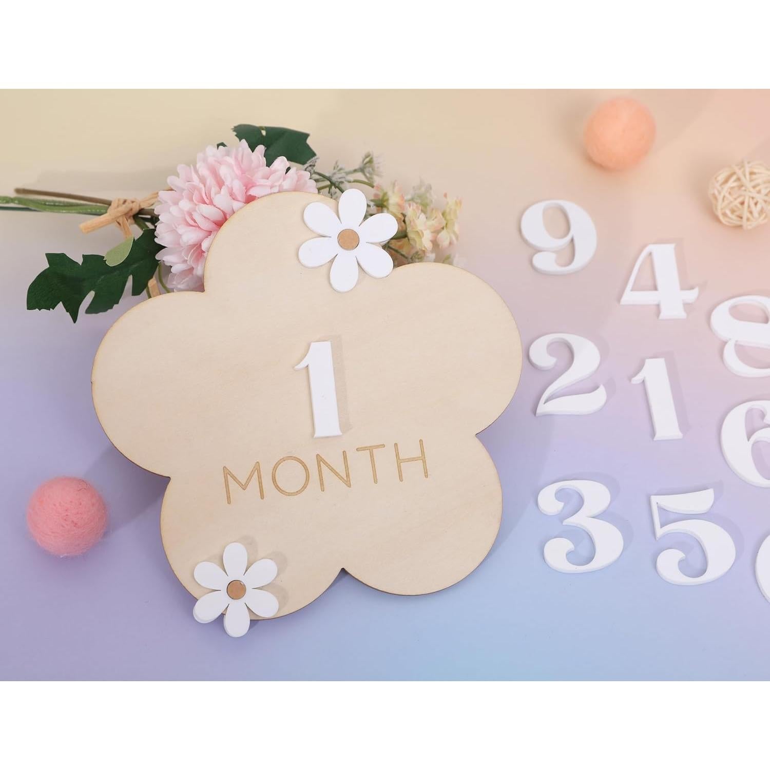 Tarjetas de Hitos Mensuales Daisy 1-12 Meses - Madera