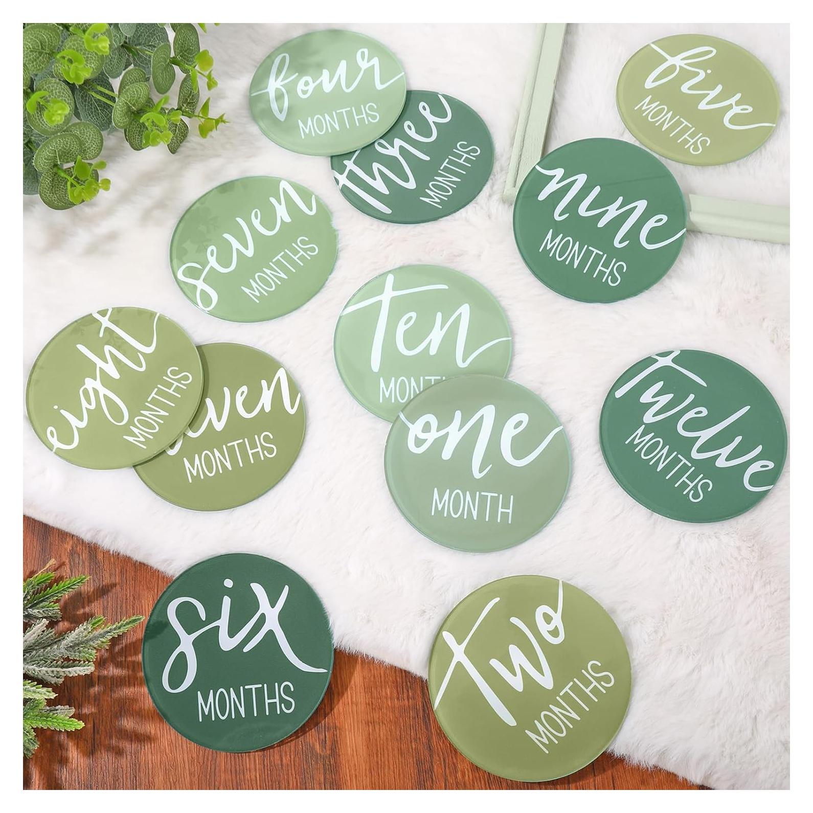 12 Tarjetas Mensuales de Hitos para Bebés Acrílico Verde