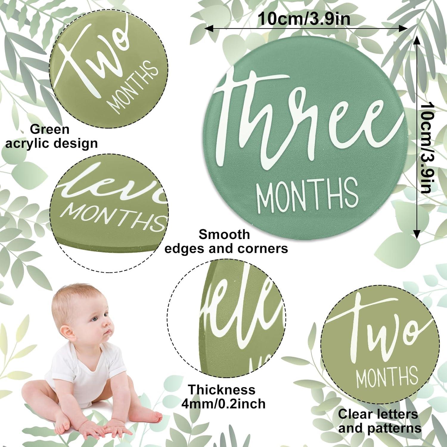 12 Tarjetas Mensuales de Hitos para Bebés Acrílico Verde