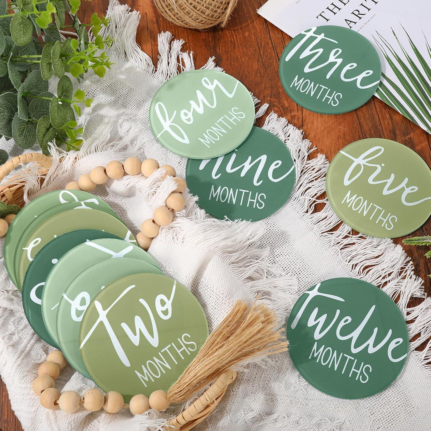 12 Tarjetas Mensuales de Hitos para Bebés Acrílico Verde