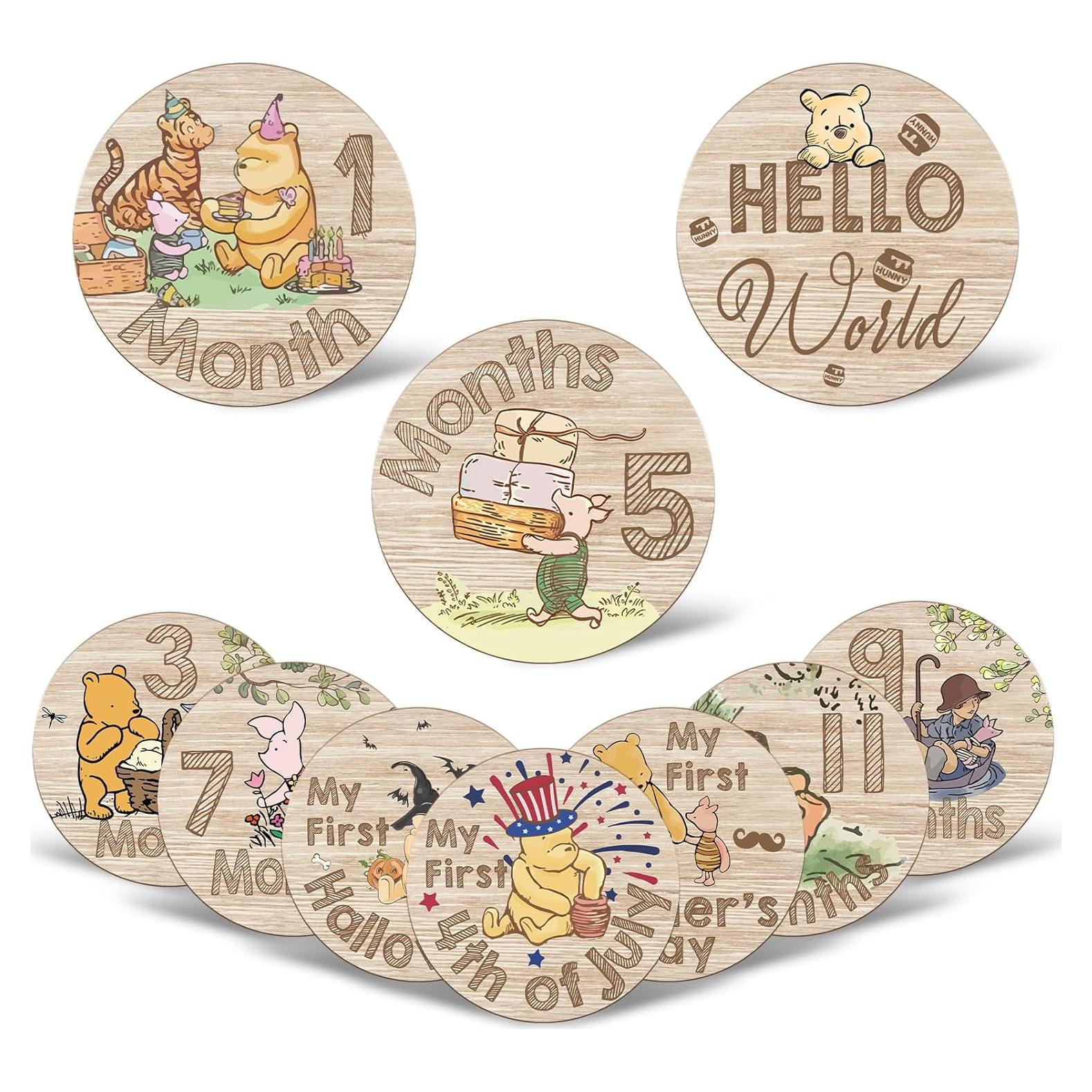10 Tarjetas de Hitos de Bebé Winnie Pooh de Madera