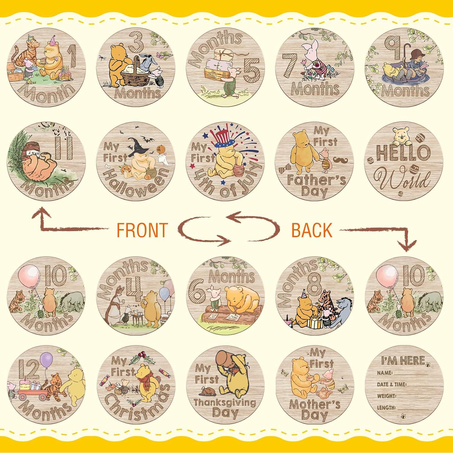 10 Tarjetas de Hitos de Bebé Winnie Pooh de Madera