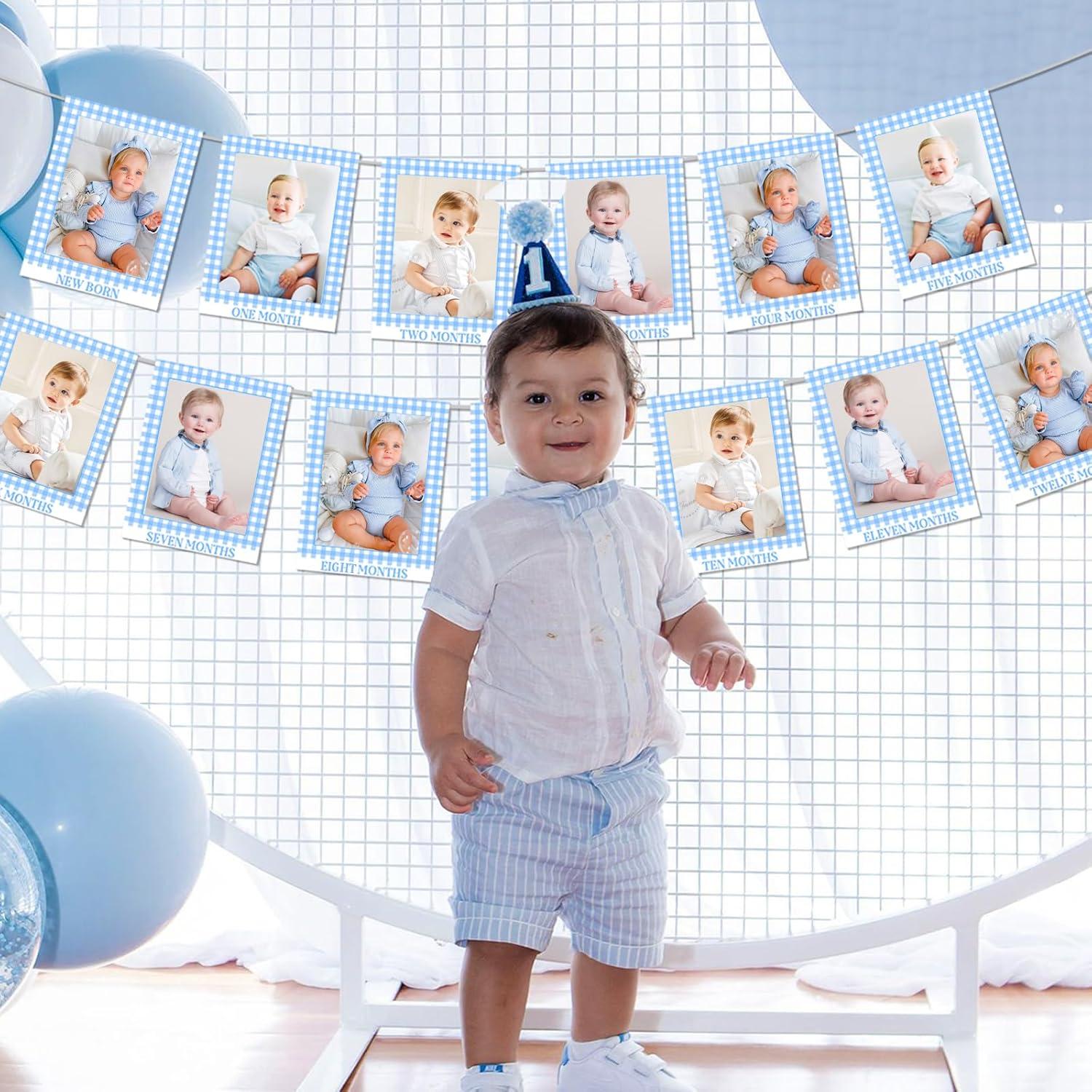 Gingham Photo Banner - 1st Birthday Baby Milestone Cards - Blue Checkered - Boy or Girl