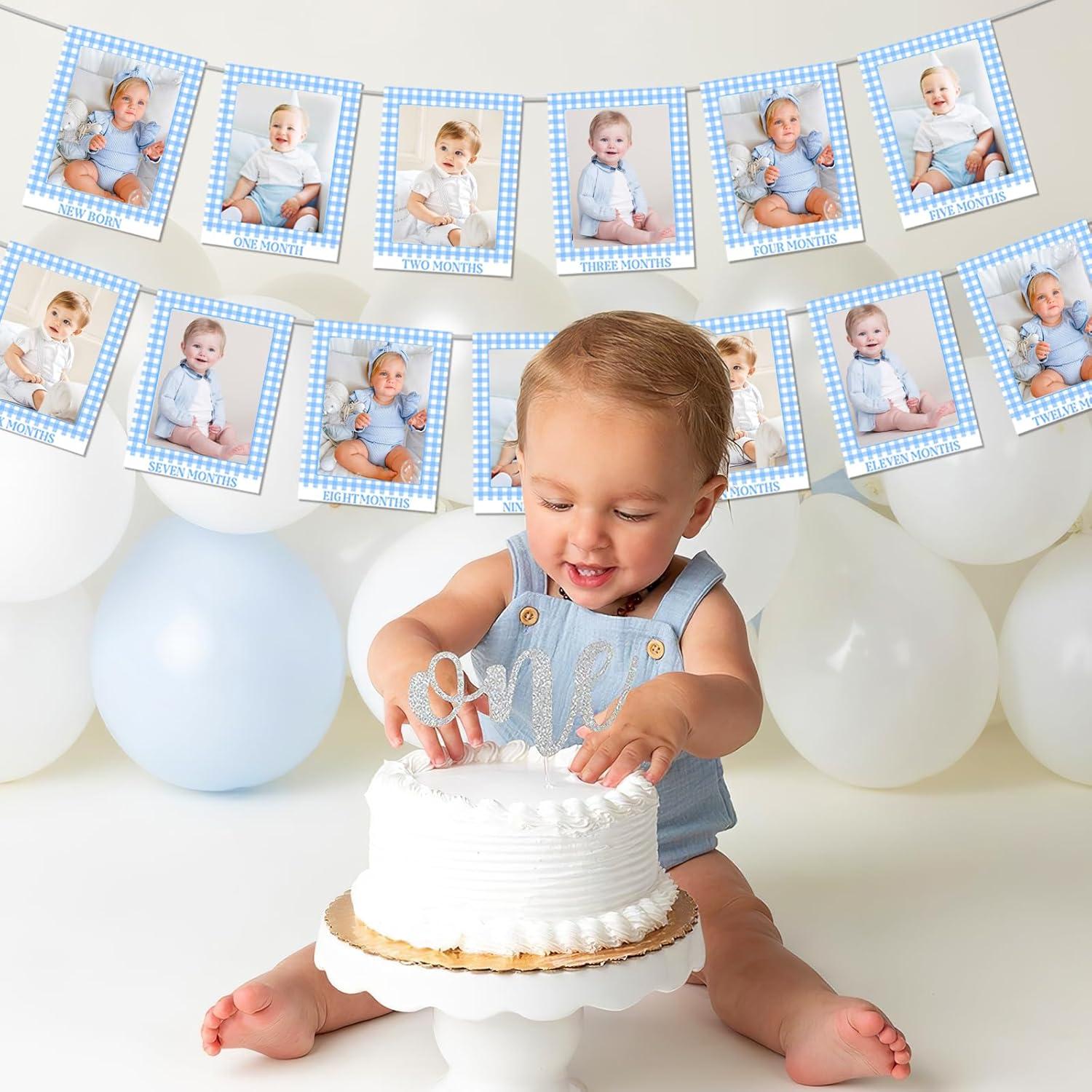 Gingham Photo Banner - 1st Birthday Baby Milestone Cards - Blue Checkered - Boy or Girl