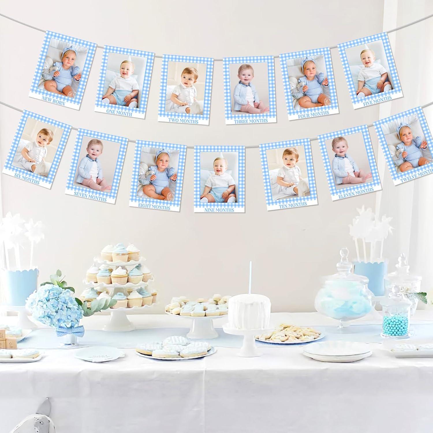 Gingham Photo Banner - 1st Birthday Baby Milestone Cards - Blue Checkered - Boy or Girl