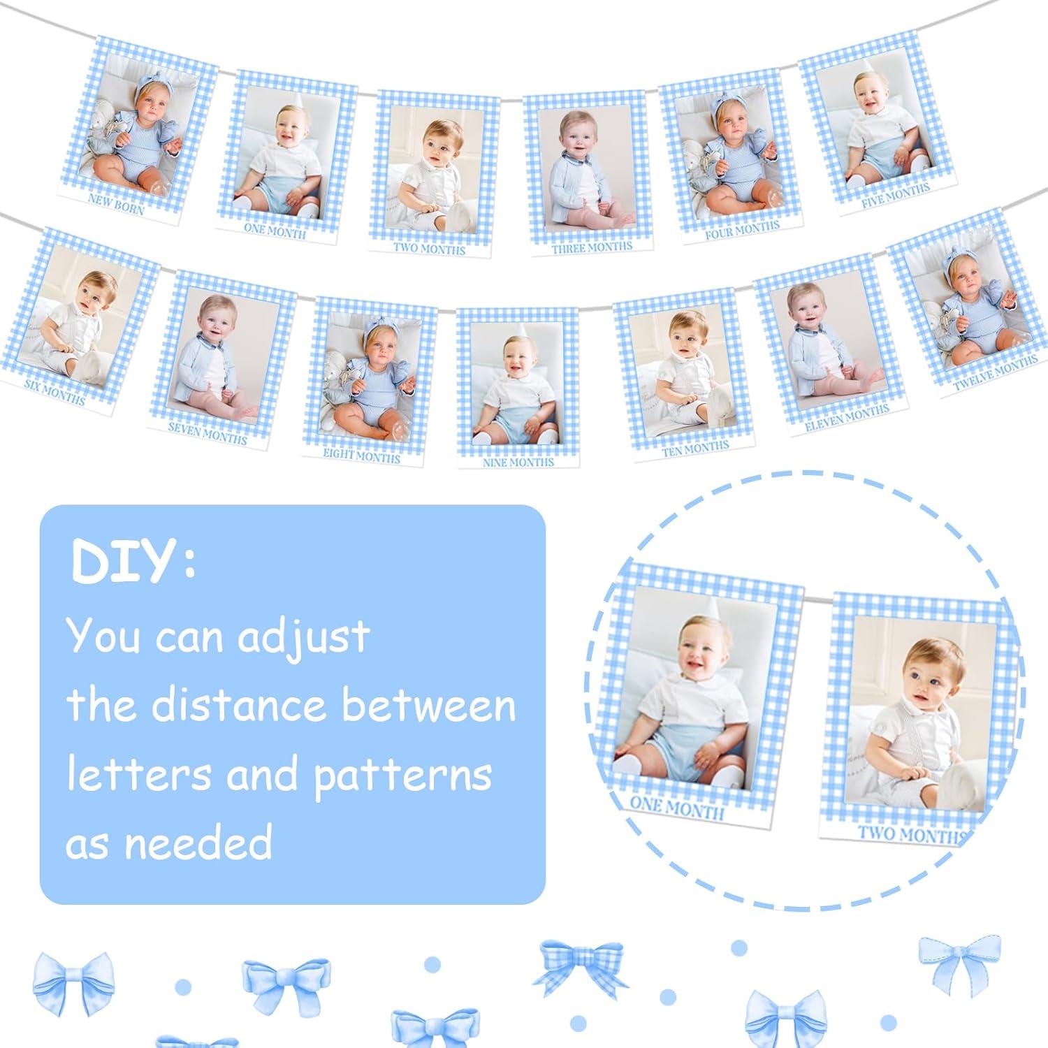 Gingham Photo Banner - 1st Birthday Baby Milestone Cards - Blue Checkered - Boy or Girl
