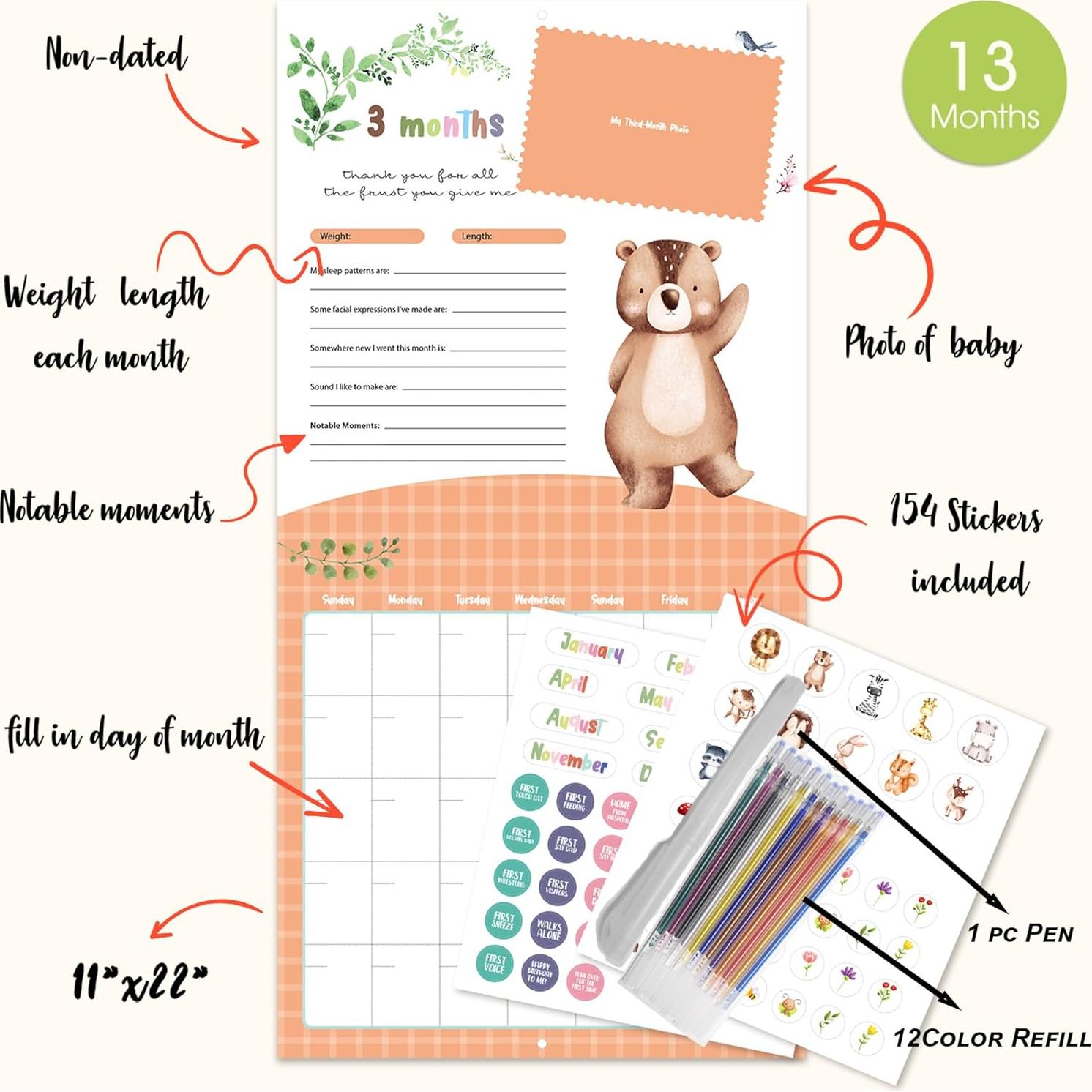 Calendario del Primer Año del Bebé Monking con Stickers