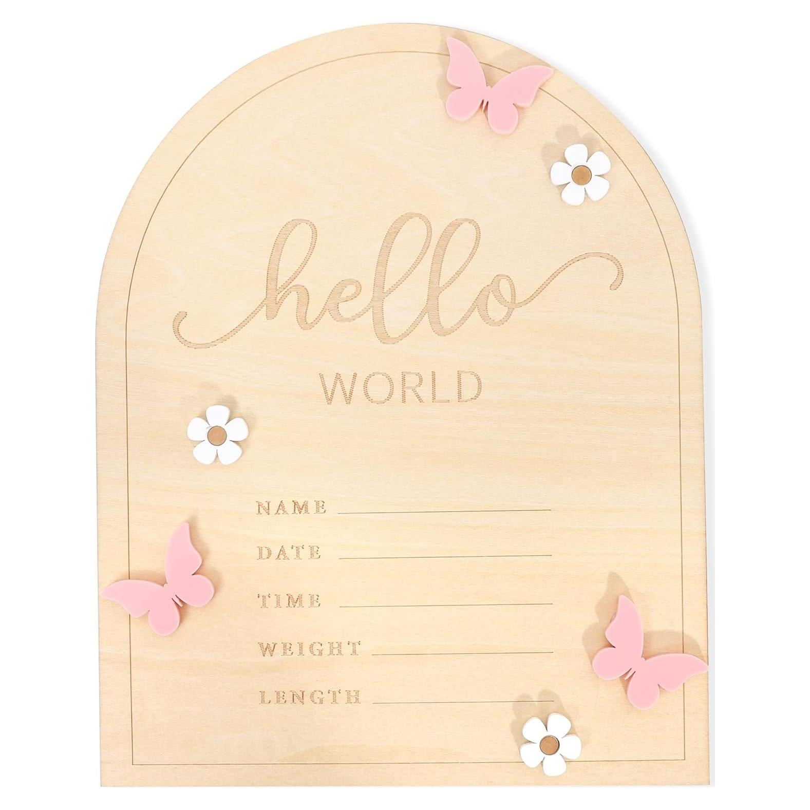 Cartel de Madera Hola Mundo para Bebés - Anuncio Nacimiento