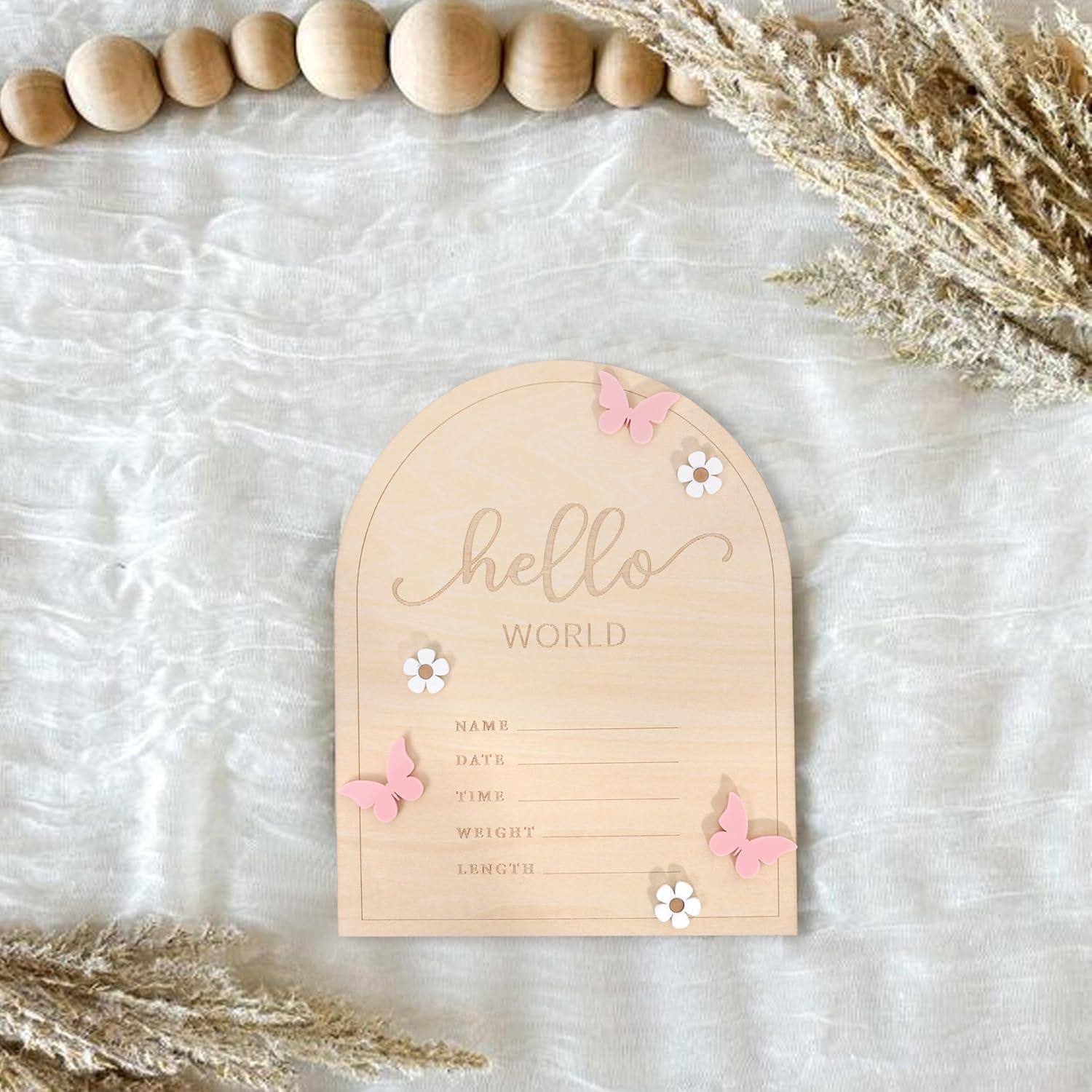 Cartel de Madera Hola Mundo para Bebés - Anuncio Nacimiento