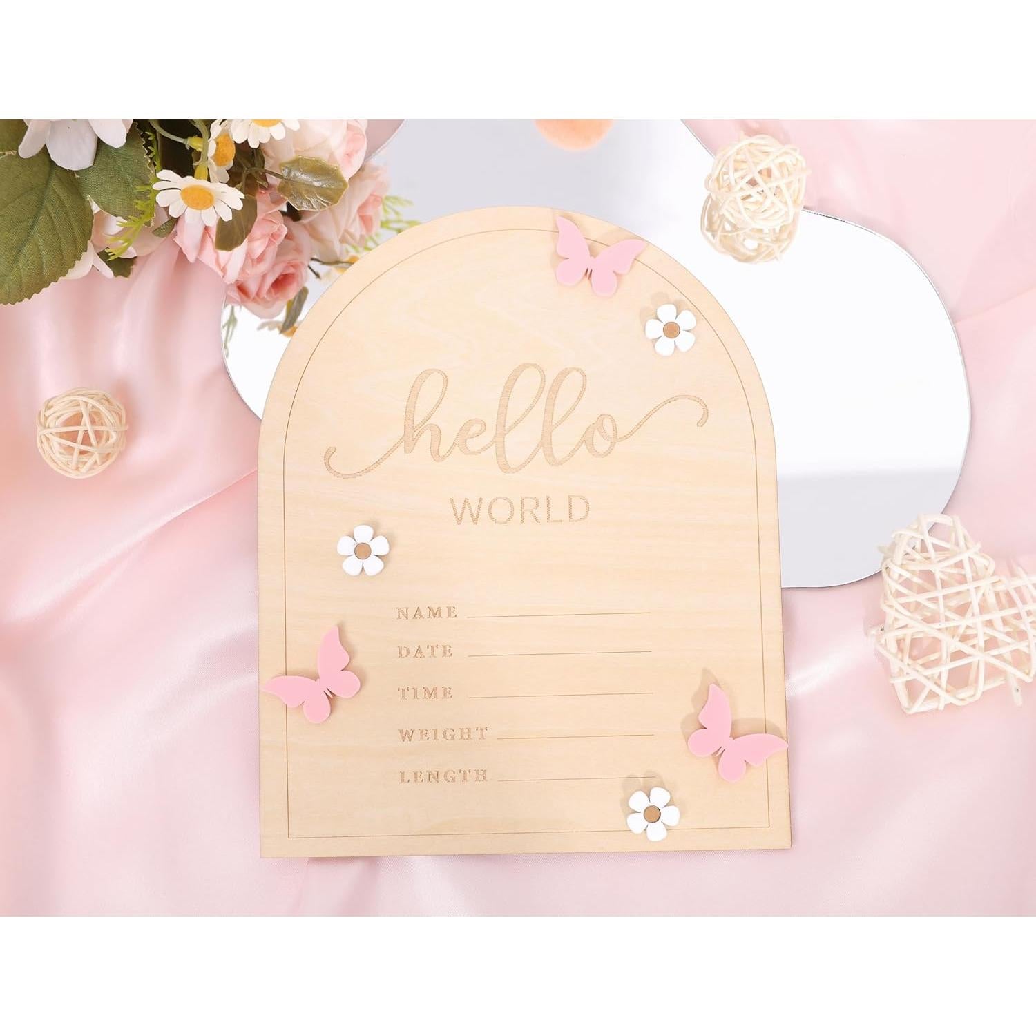 Cartel de Madera Hola Mundo para Bebés - Anuncio Nacimiento