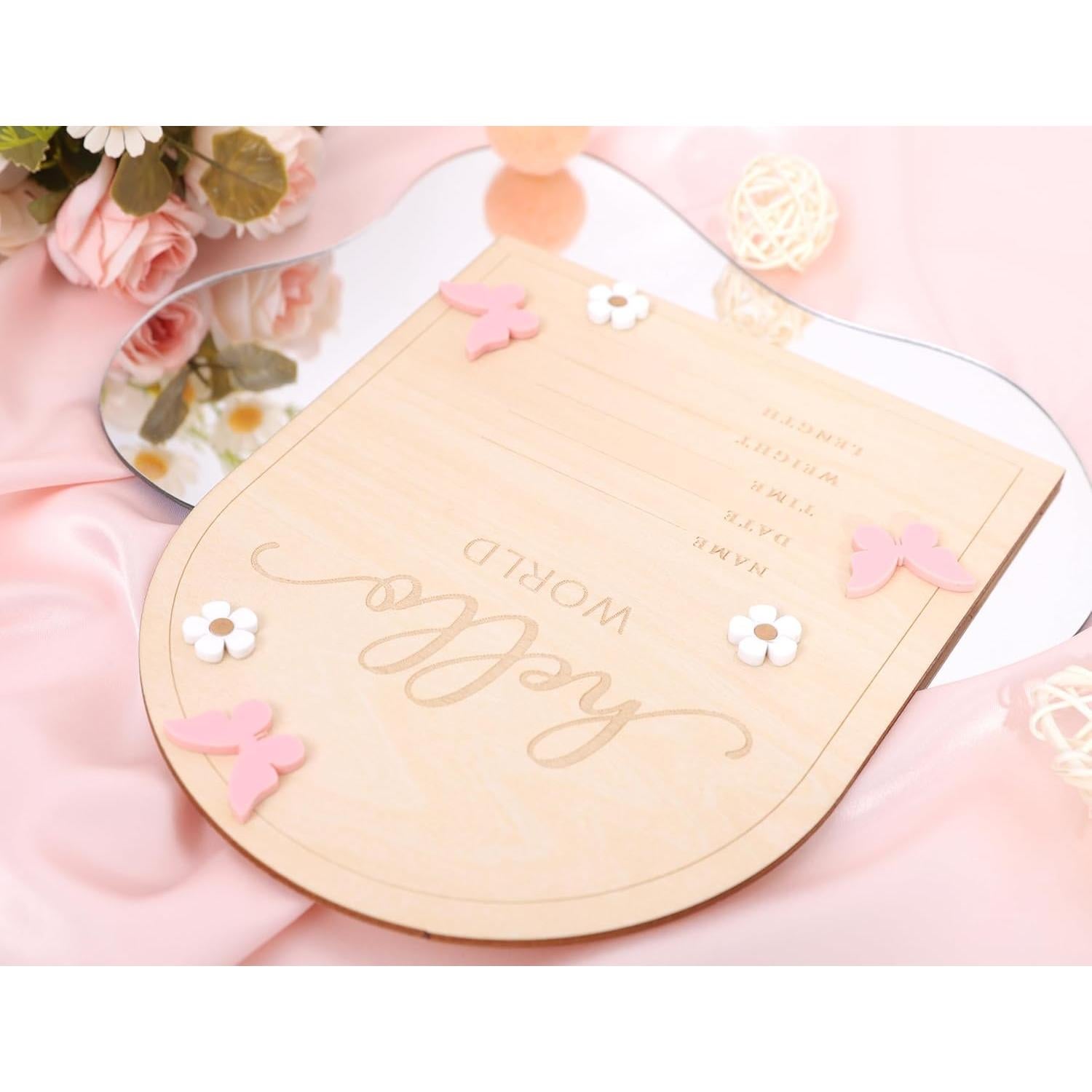 Cartel de Madera Hola Mundo para Bebés - Anuncio Nacimiento