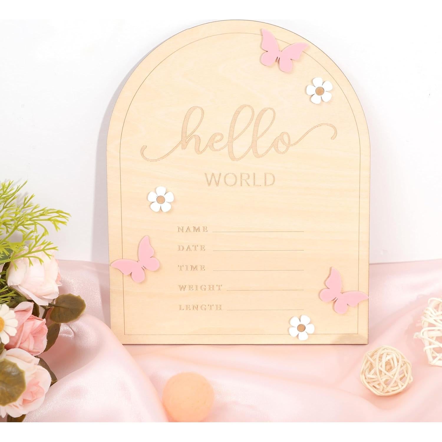 Cartel de Madera Hola Mundo para Bebés - Anuncio Nacimiento