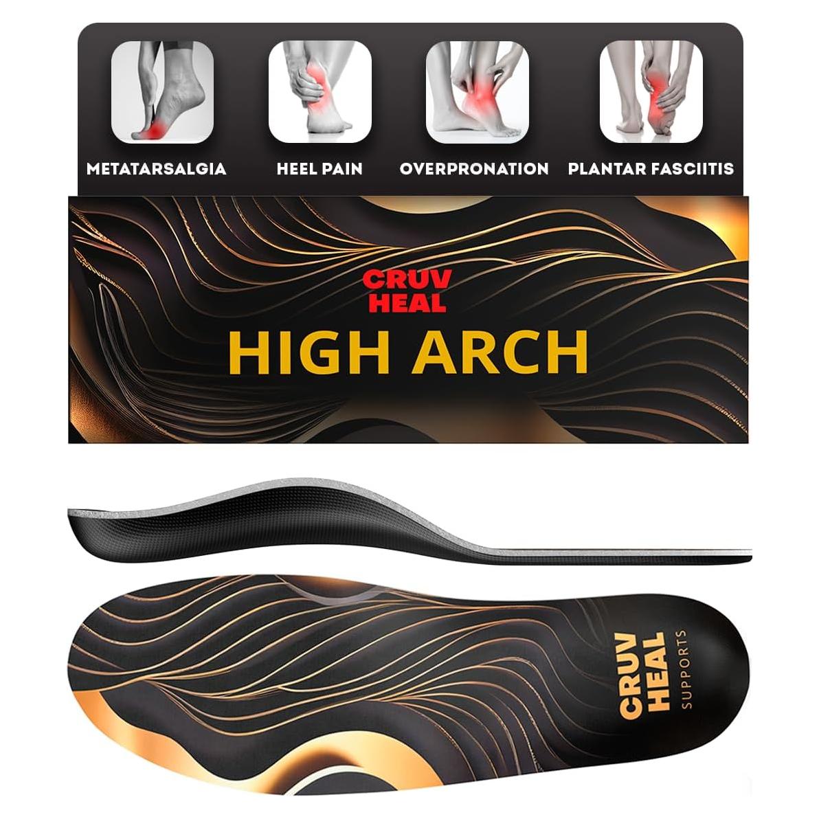 Plantillas Ortopédicas CRUVHEAL Arco Alto para Fascitis Plantar - Negro M