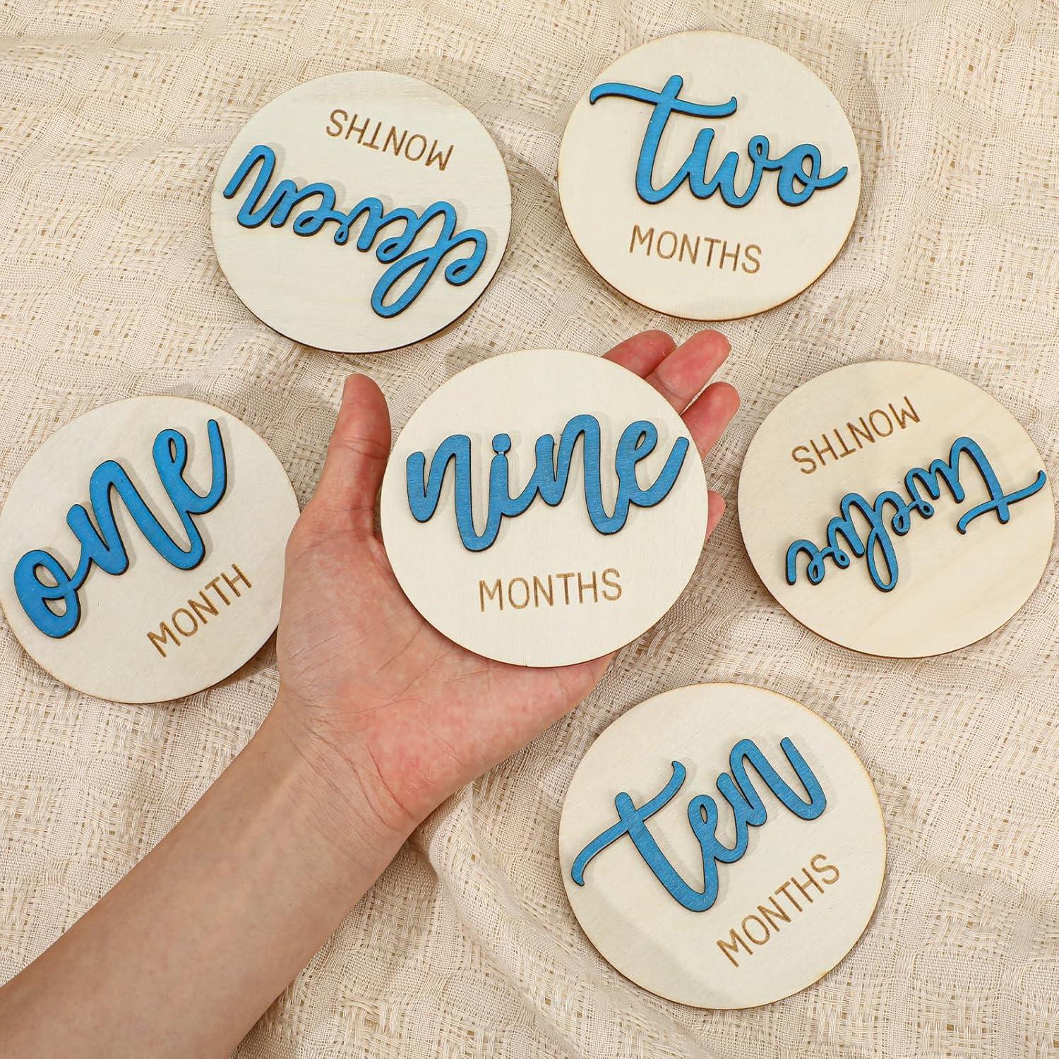 6 Discos de Hitos Mensuales para Bebés Wanmu - Madera 3D Azul