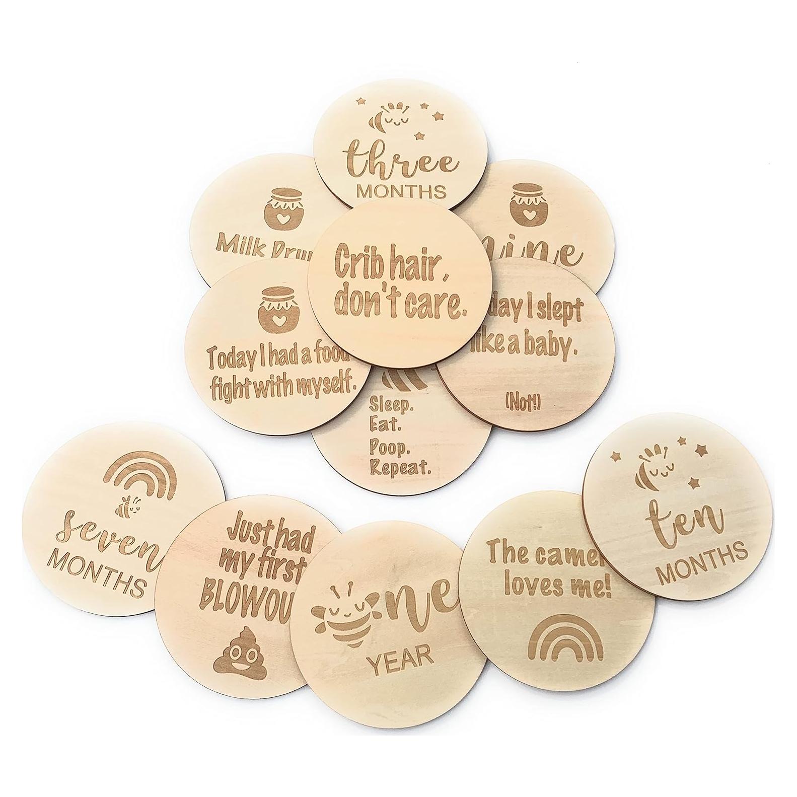 Tarjetas de Hitos Mensuales para Bebés - 13 Carteles de Madera