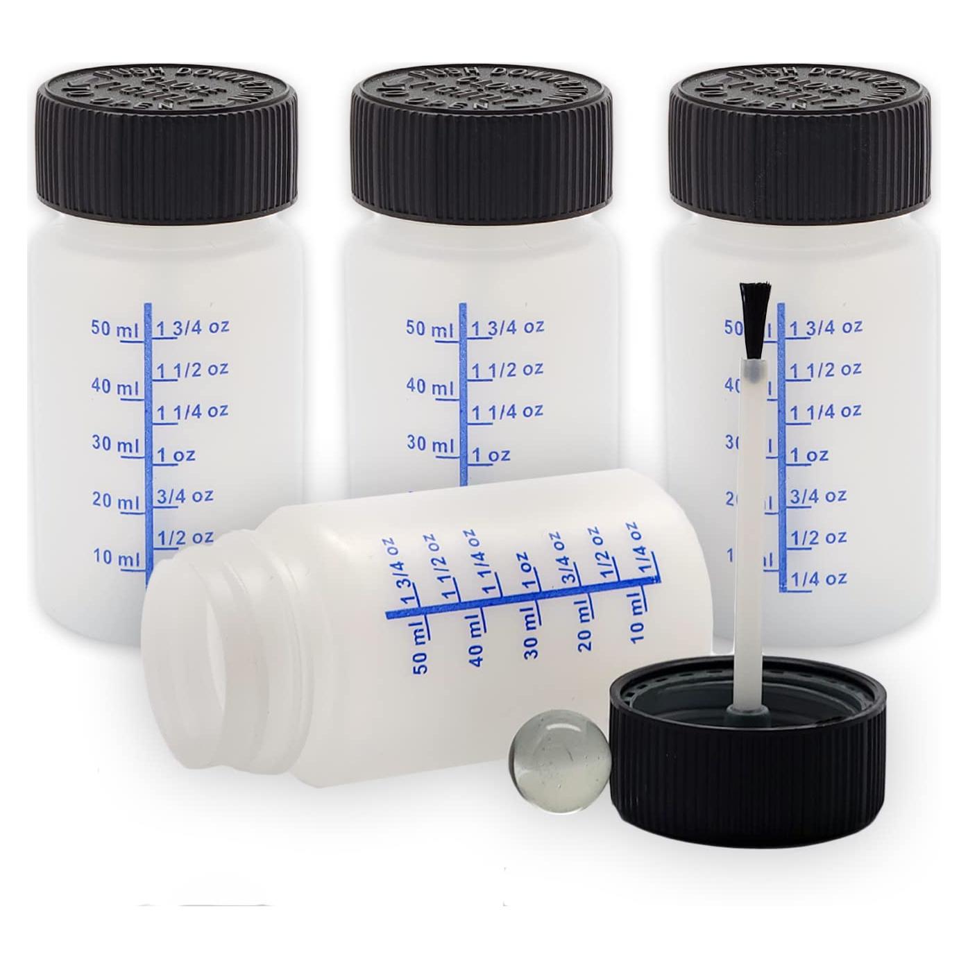 Paquete de 4 Botellas Graduadas NSI 60cc con Pincel y Tapa a Prueba de Niños